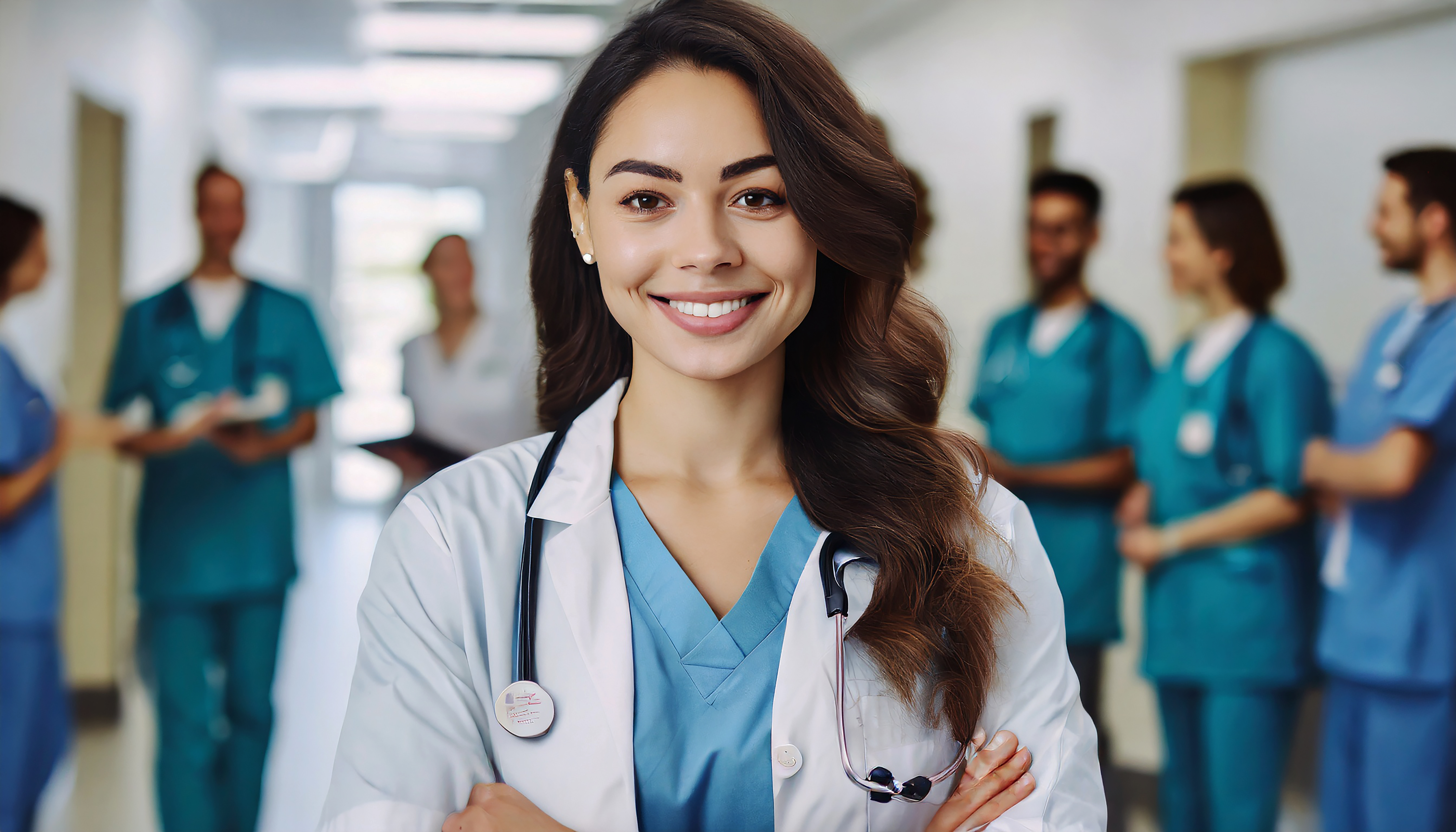 Linda jovem médica sorrindo em pé no corredor de um hospital com um grupo diversificado de funcionários ao fundo
