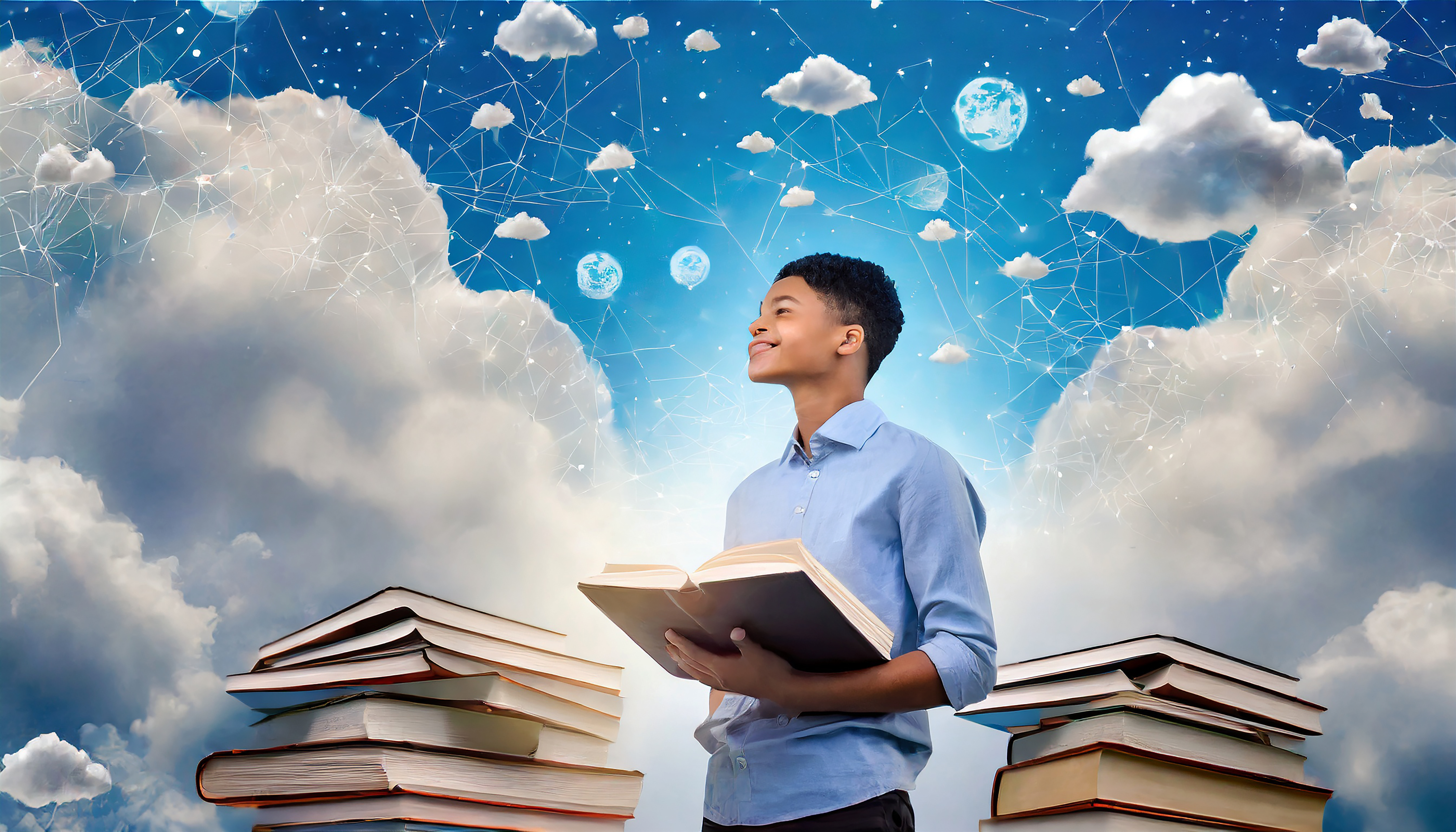 Lindo jovem entre livros e nuvens o mundo dos sonhos lendo literatura