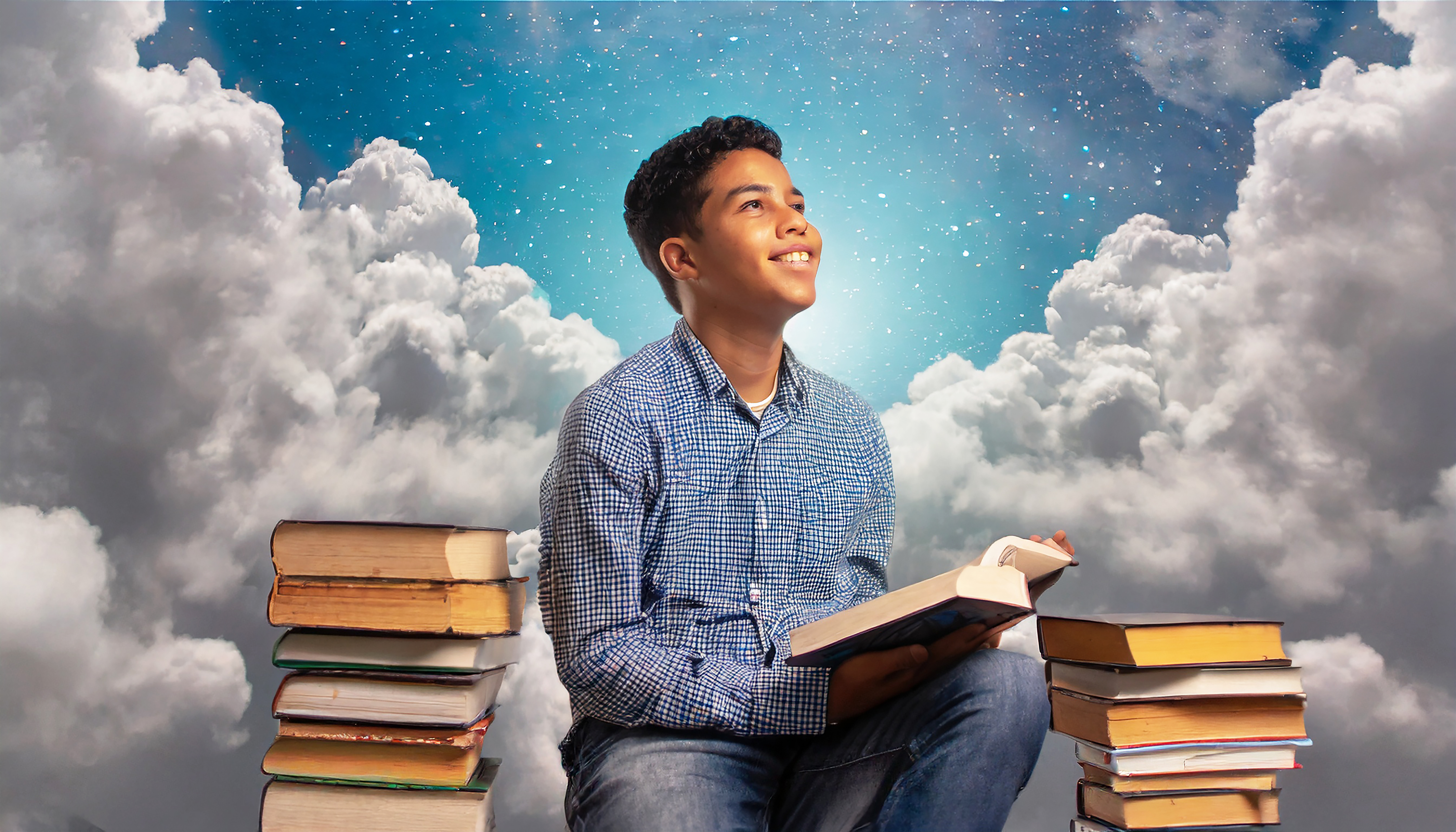 Jovem entre livros e nuvens o mundo dos sonhos lendo literatura