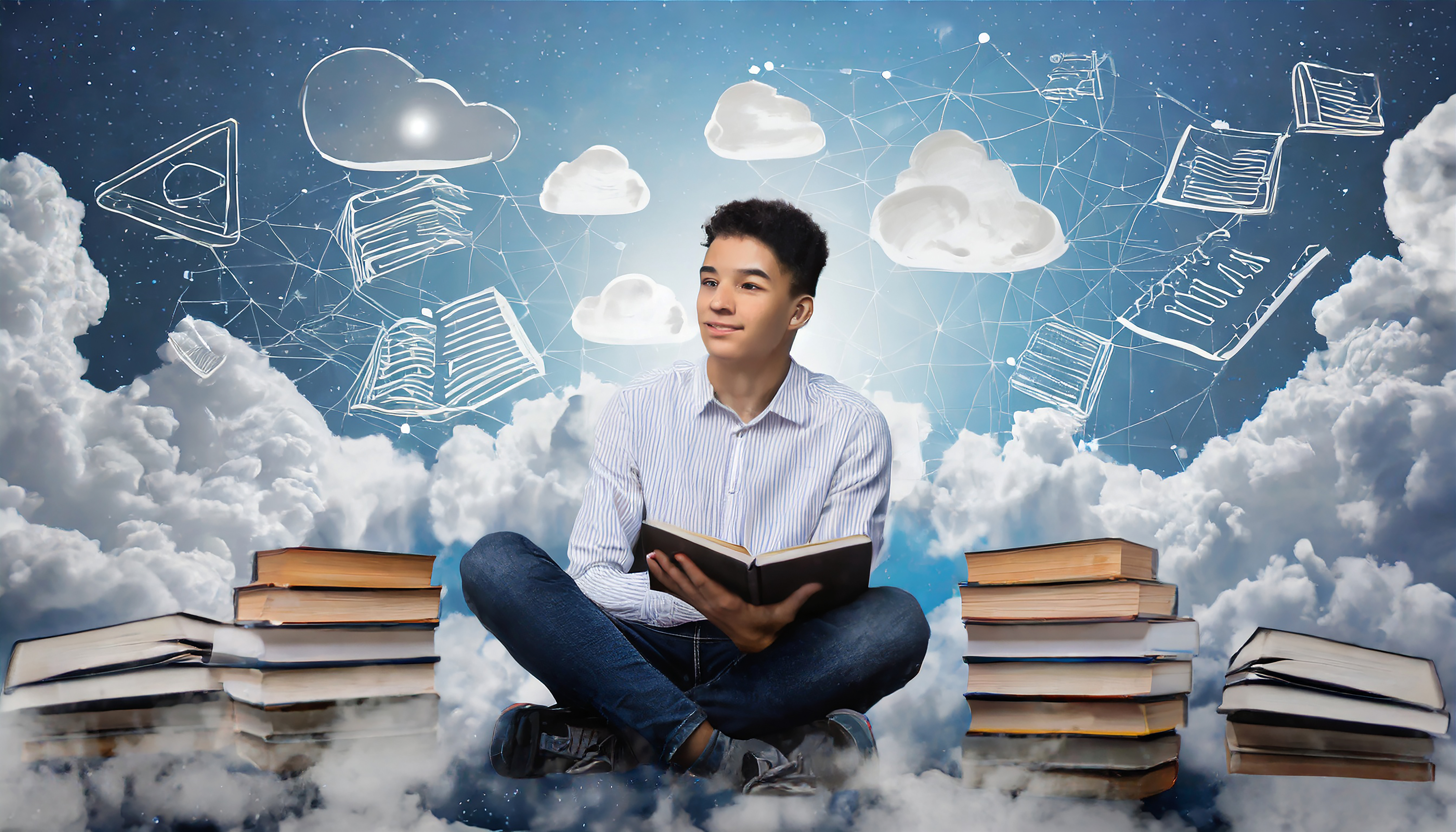 Lindo jovem entre livros e nuvens o mundo dos sonhos lendo literatura