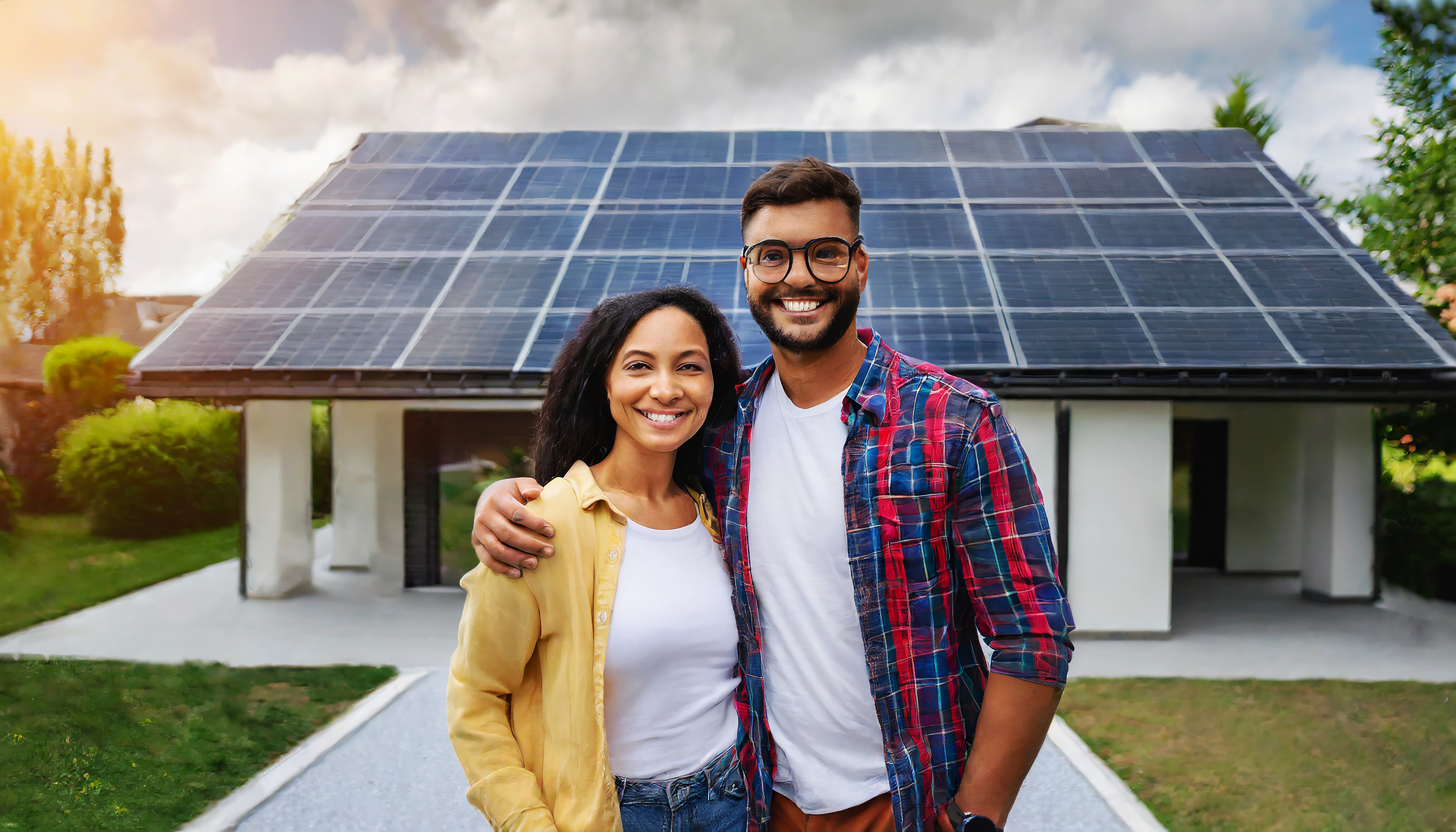 Lindo casal feliz sorri na entrada de uma grande casa com painéis solares instalados