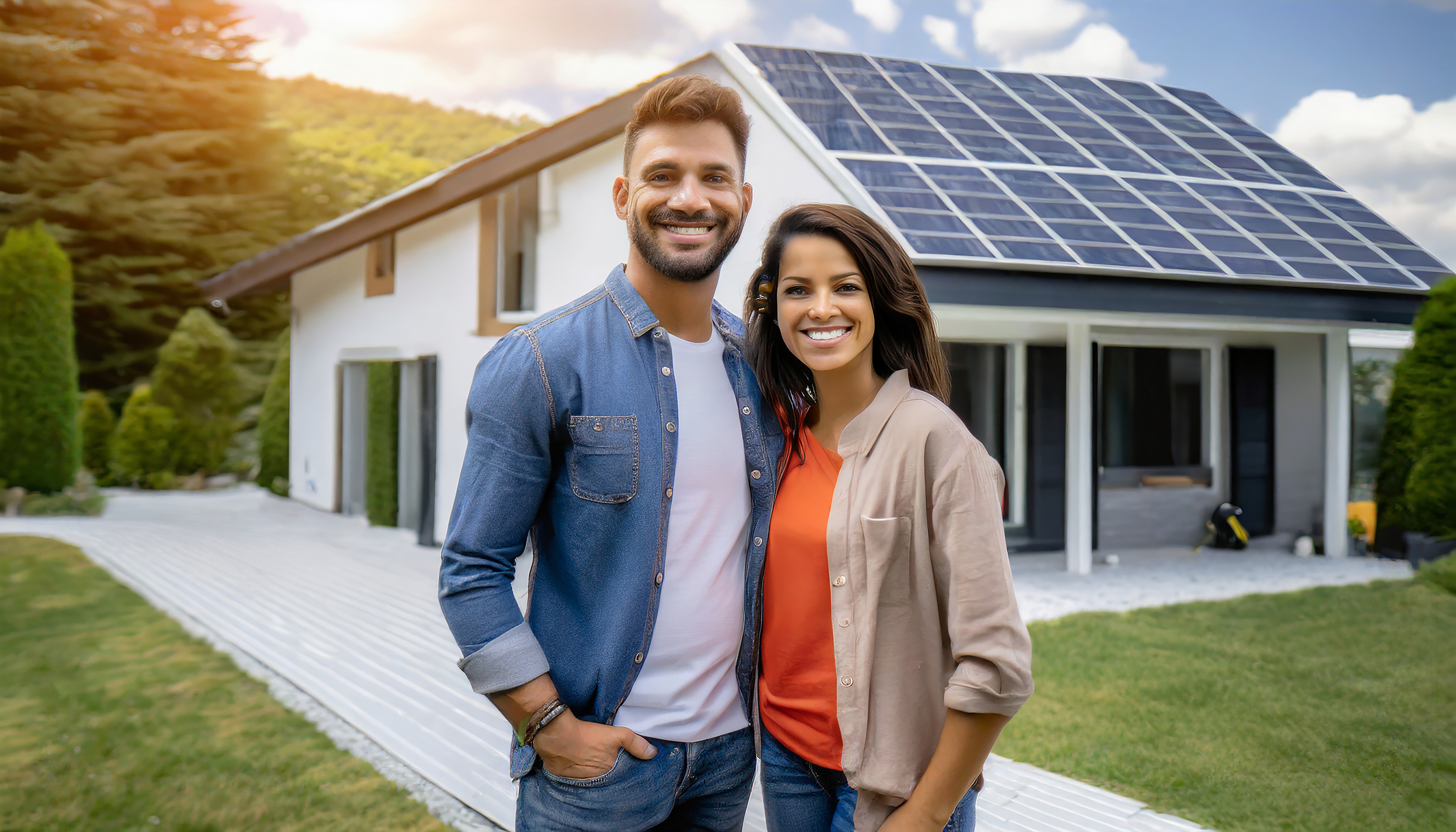 Lindo casal feliz sorri na entrada de uma grande casa com painéis solares instalados