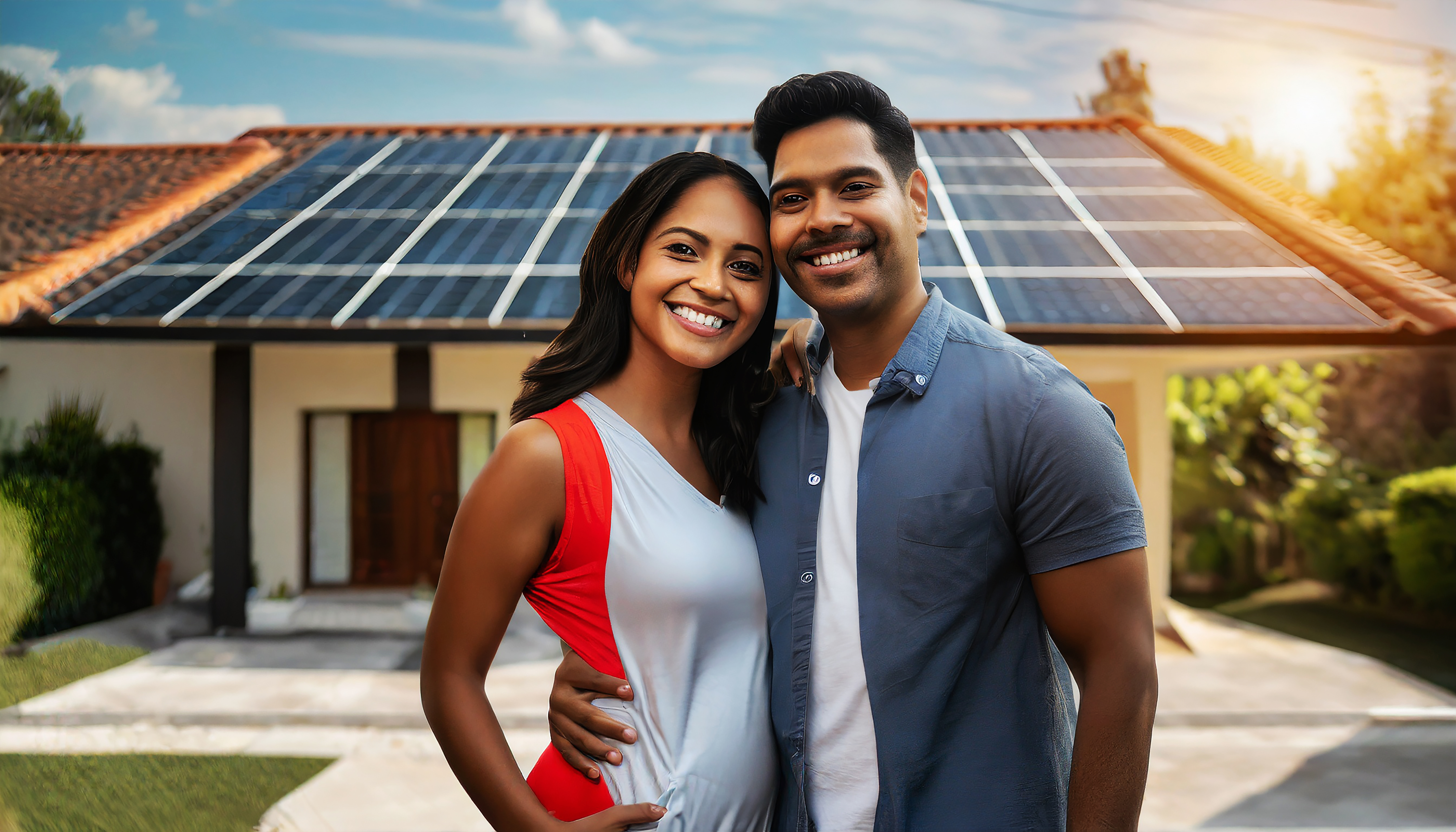 Lindo casal feliz sorri na entrada de uma grande casa com painéis solares instalados