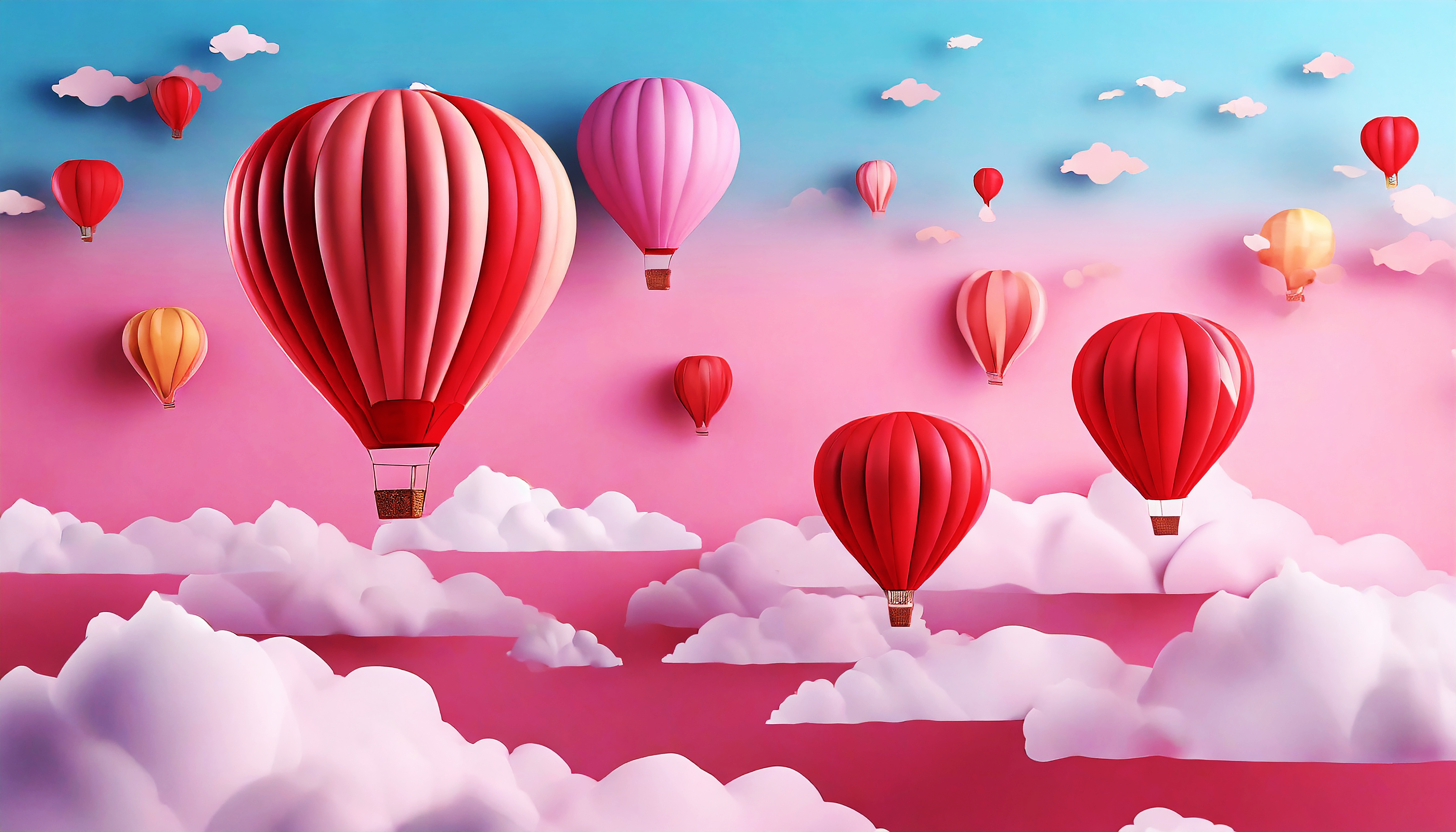 Balões de ar quente flutuando acima das nuvens