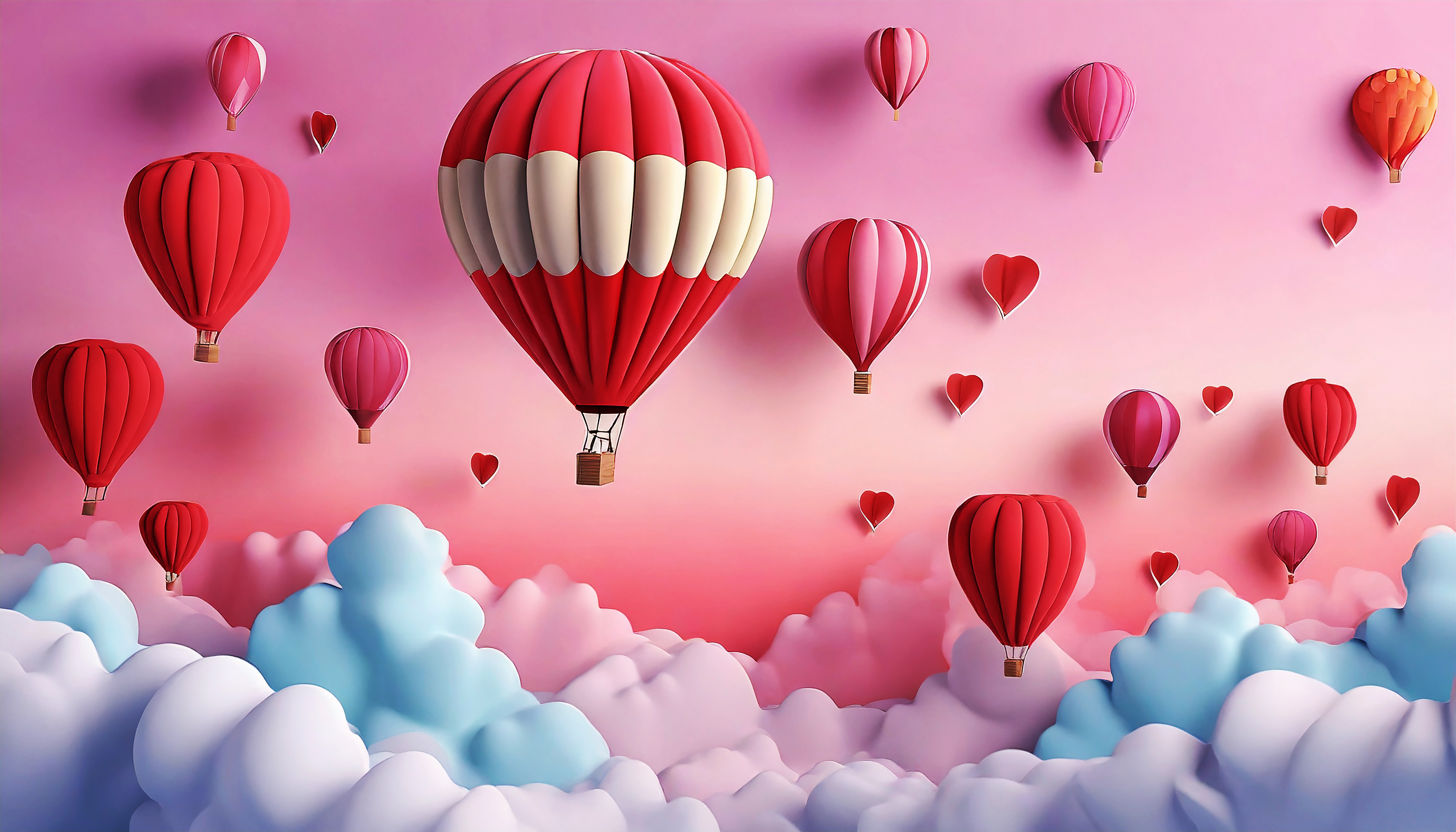 Balões de ar quente flutuando acima das nuvens