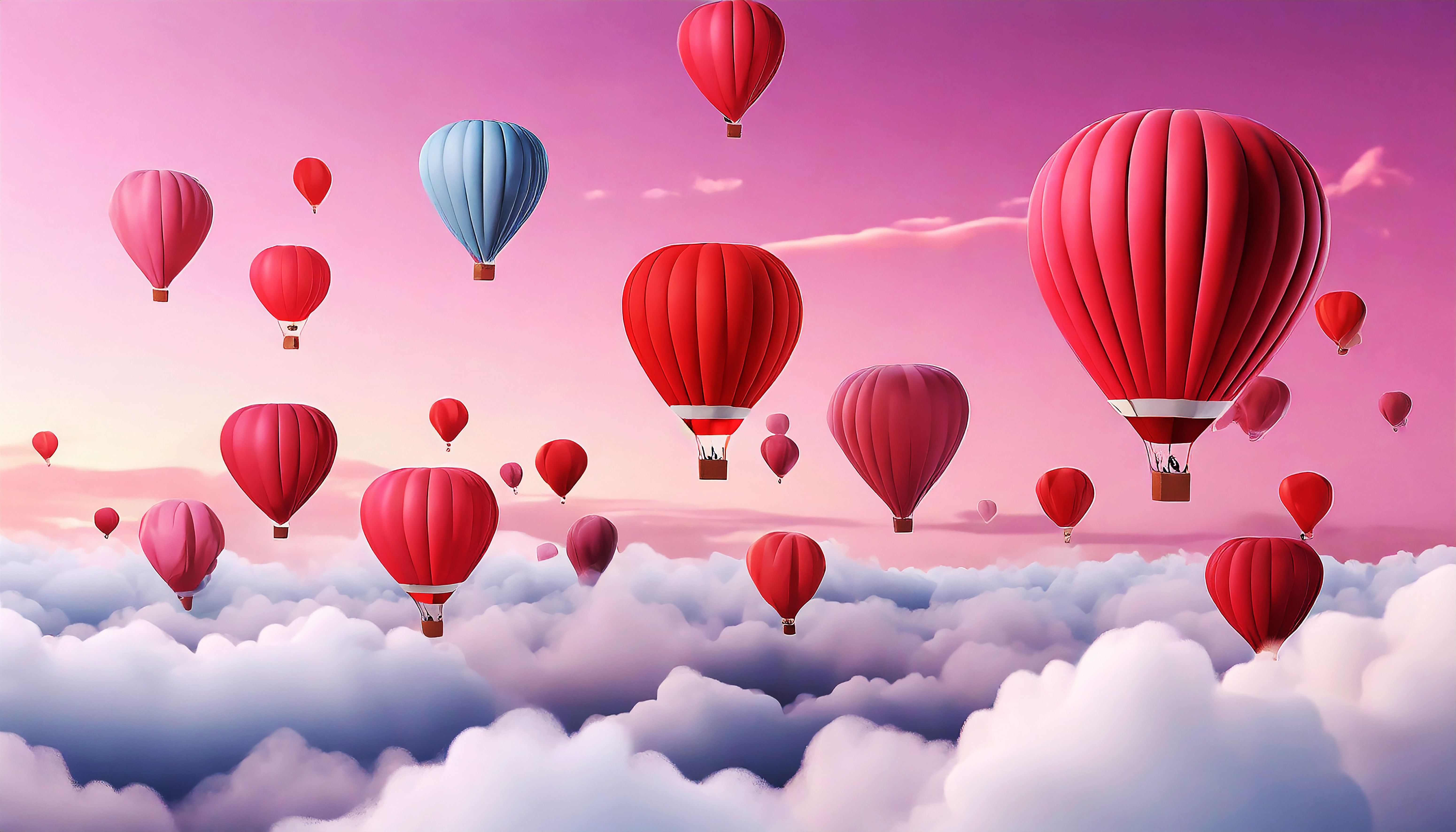 Balões de ar quente flutuando acima das nuvens
