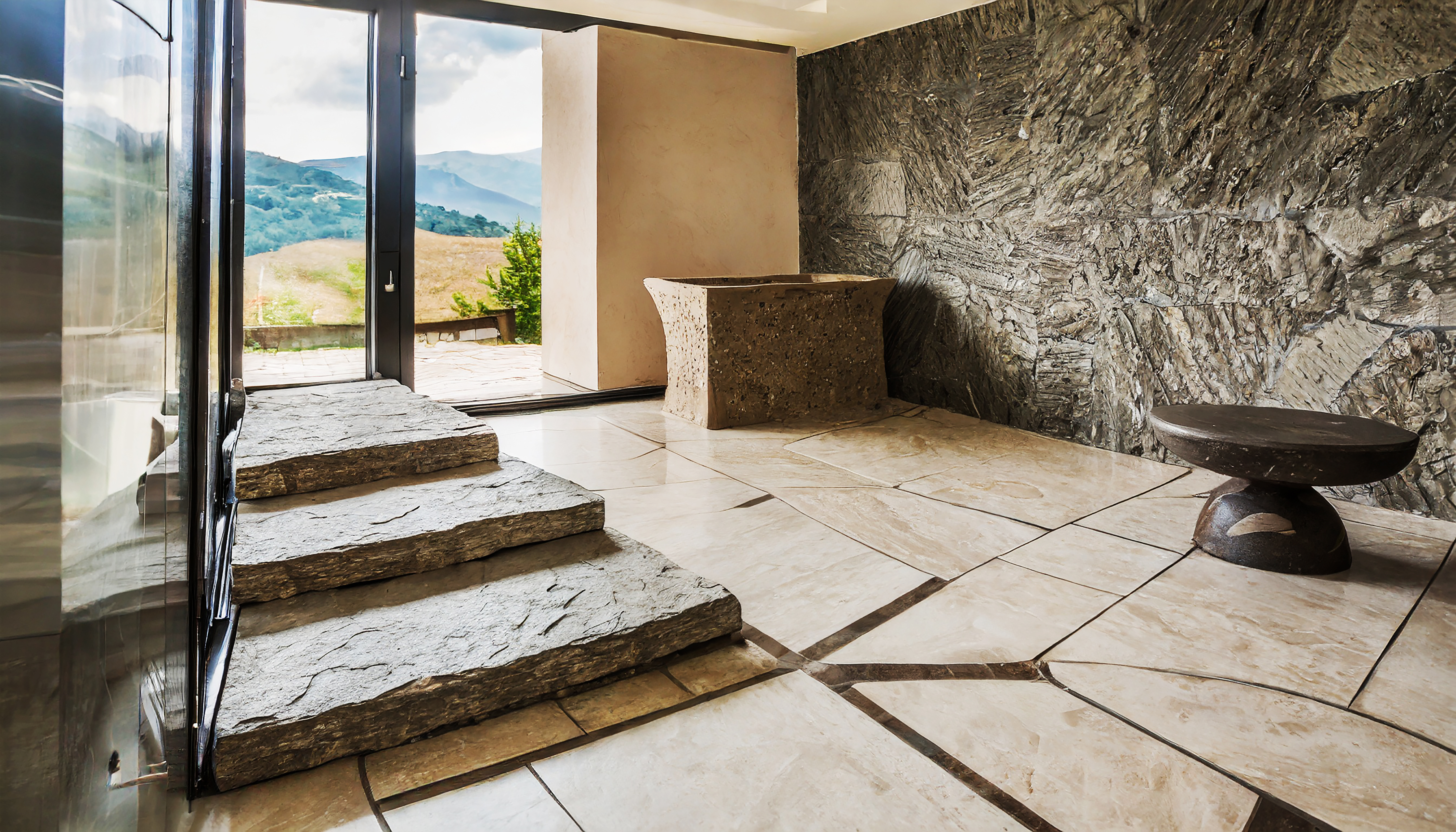 Pisos e móveis de pedra natural em casa ecológica