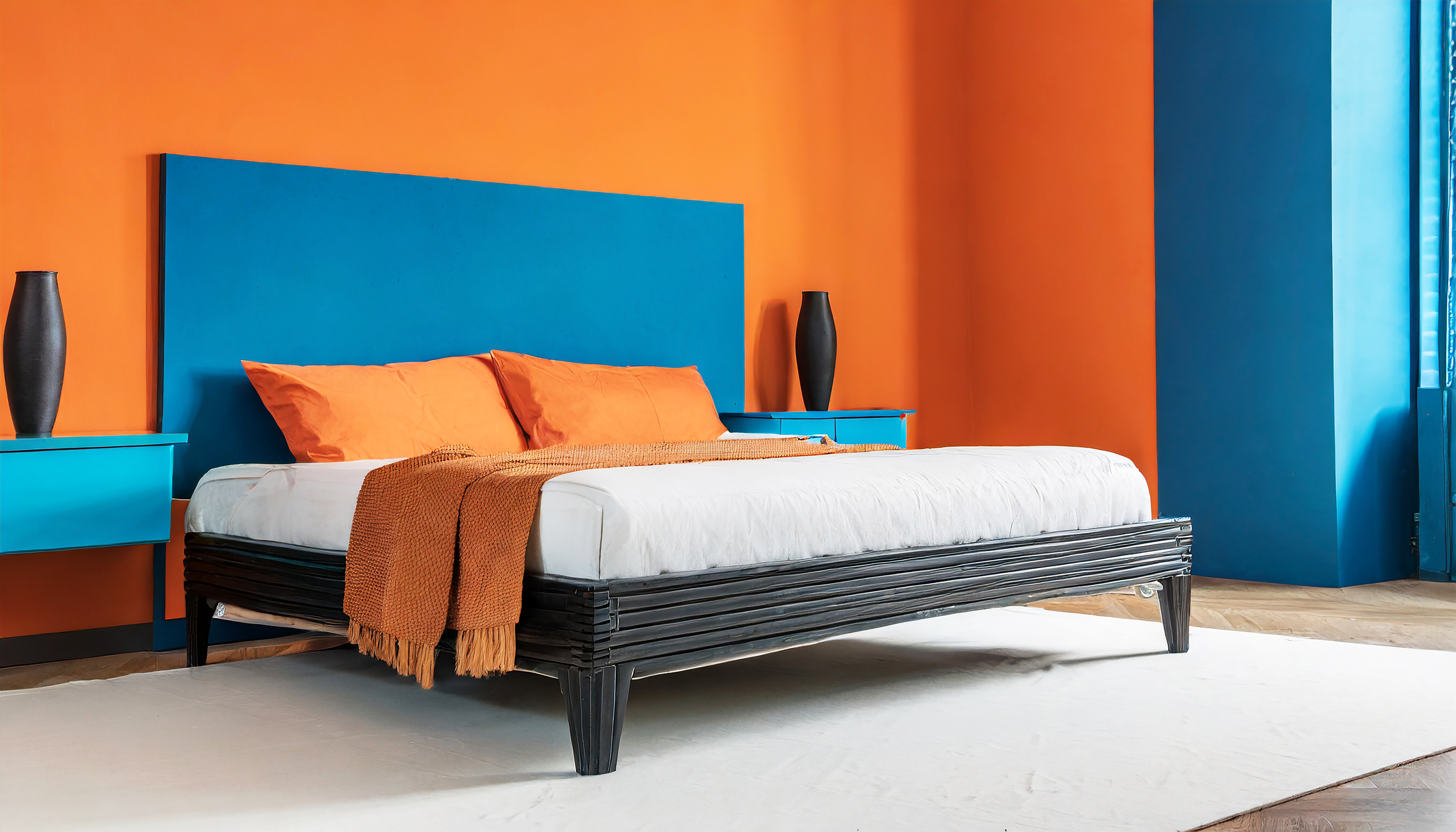 Cama e banco contra parede laranja e azul com espaço de cópia