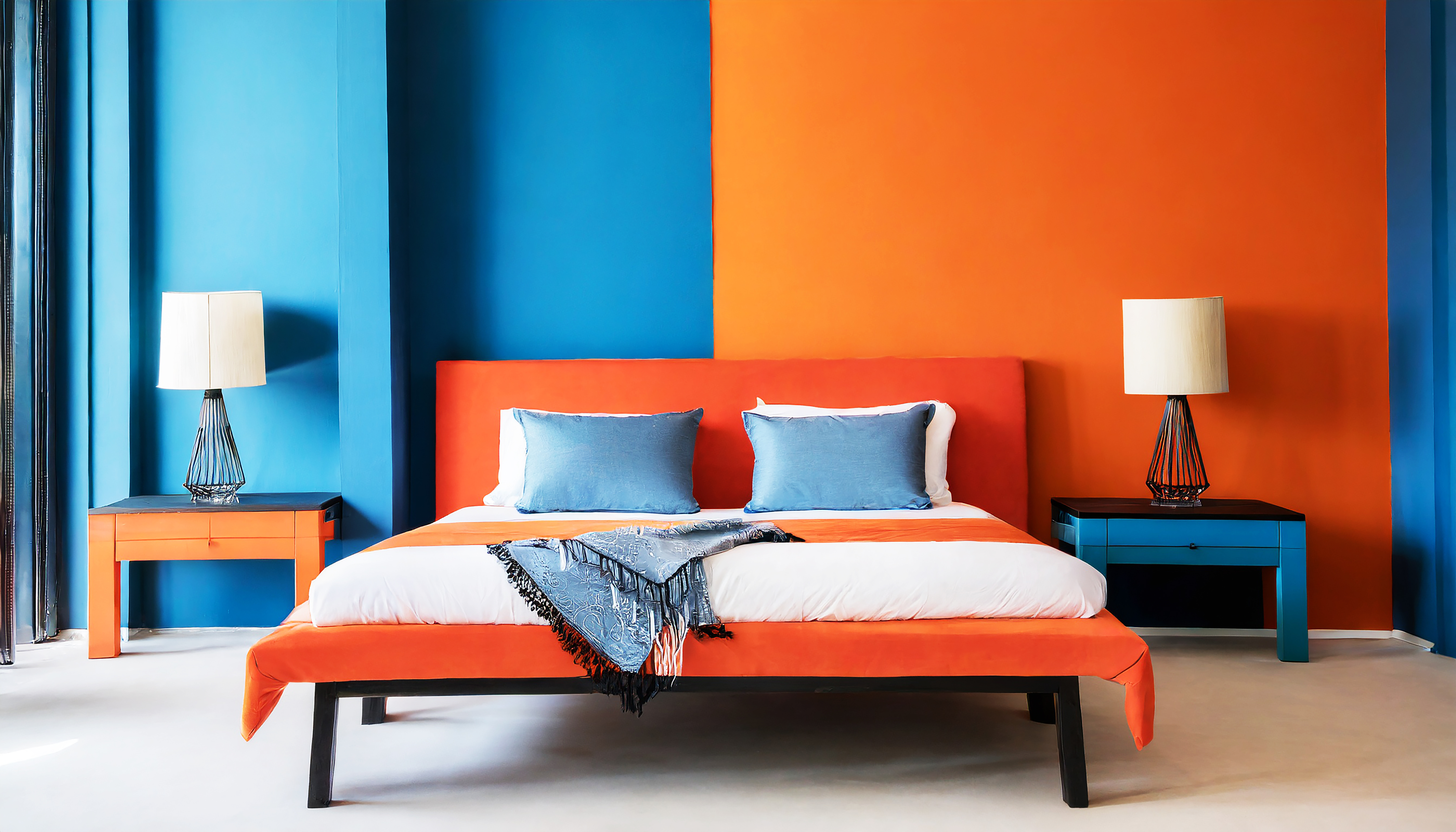 Cama e banco contra parede laranja e azul com espaço de cópia