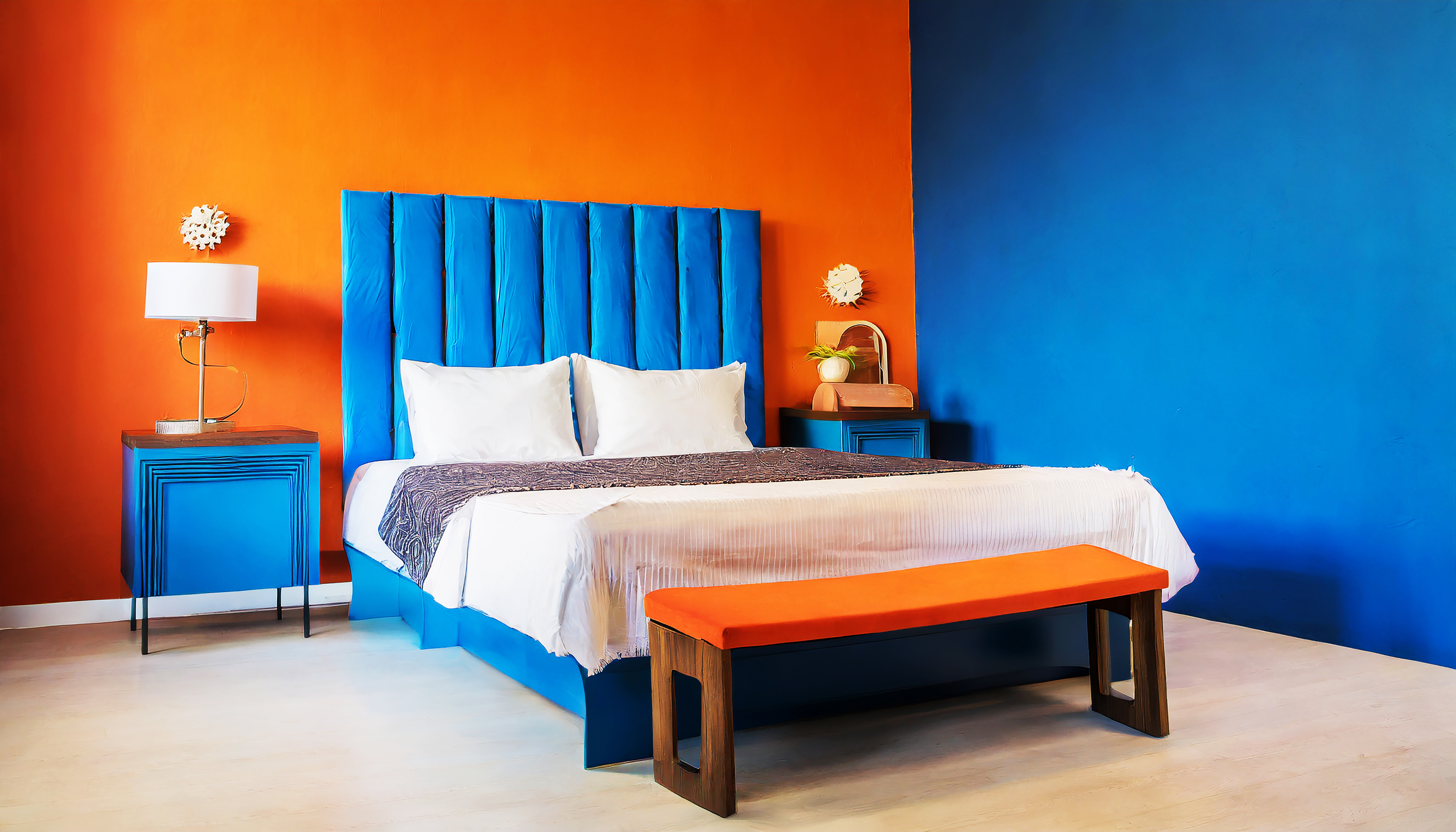 Cama e banco contra parede laranja e azul com espaço de cópia