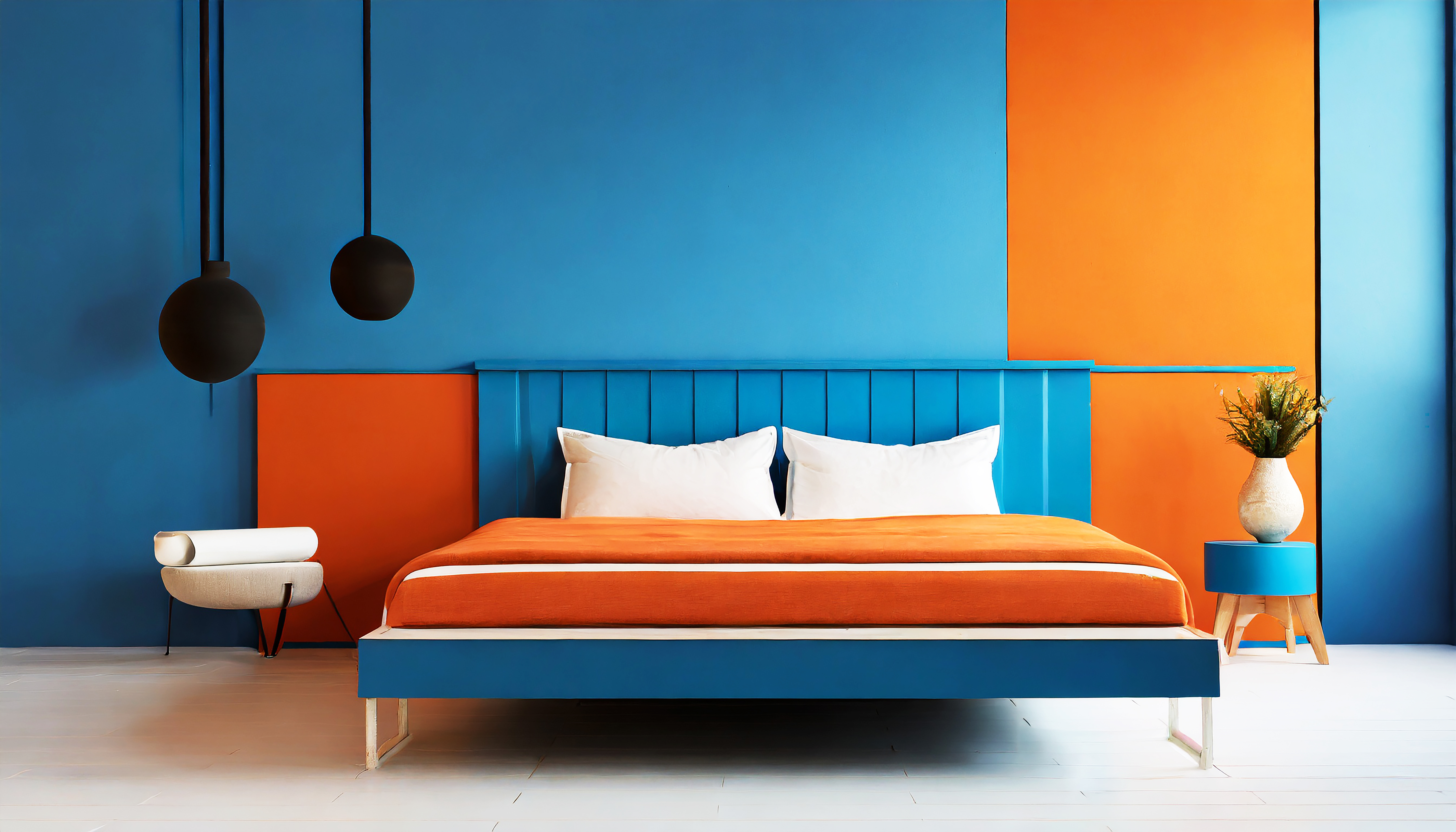 Cama e banco contra parede laranja e azul com espaço de cópia
