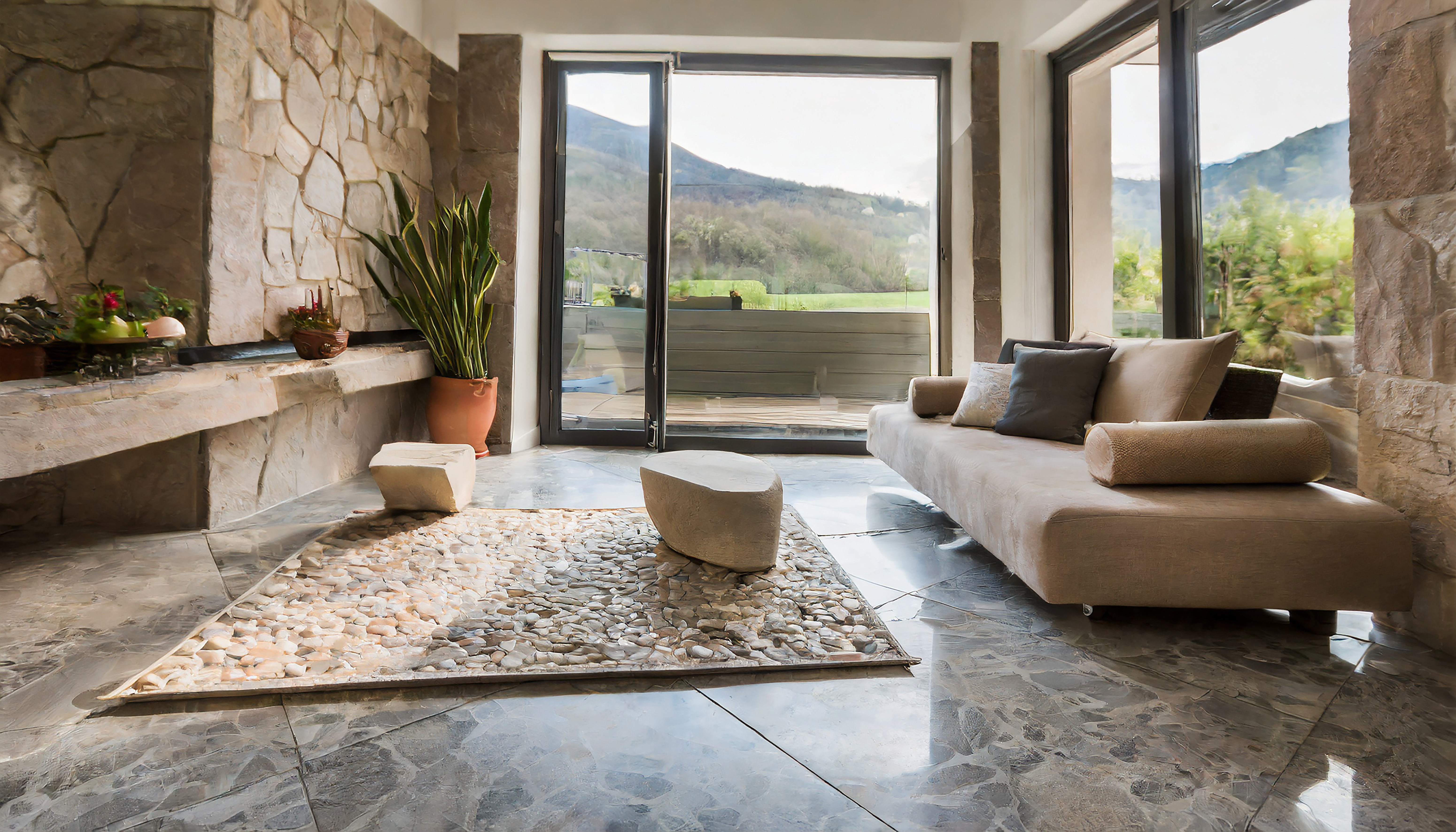 pisos e móveis de pedra natural em casa ecológica