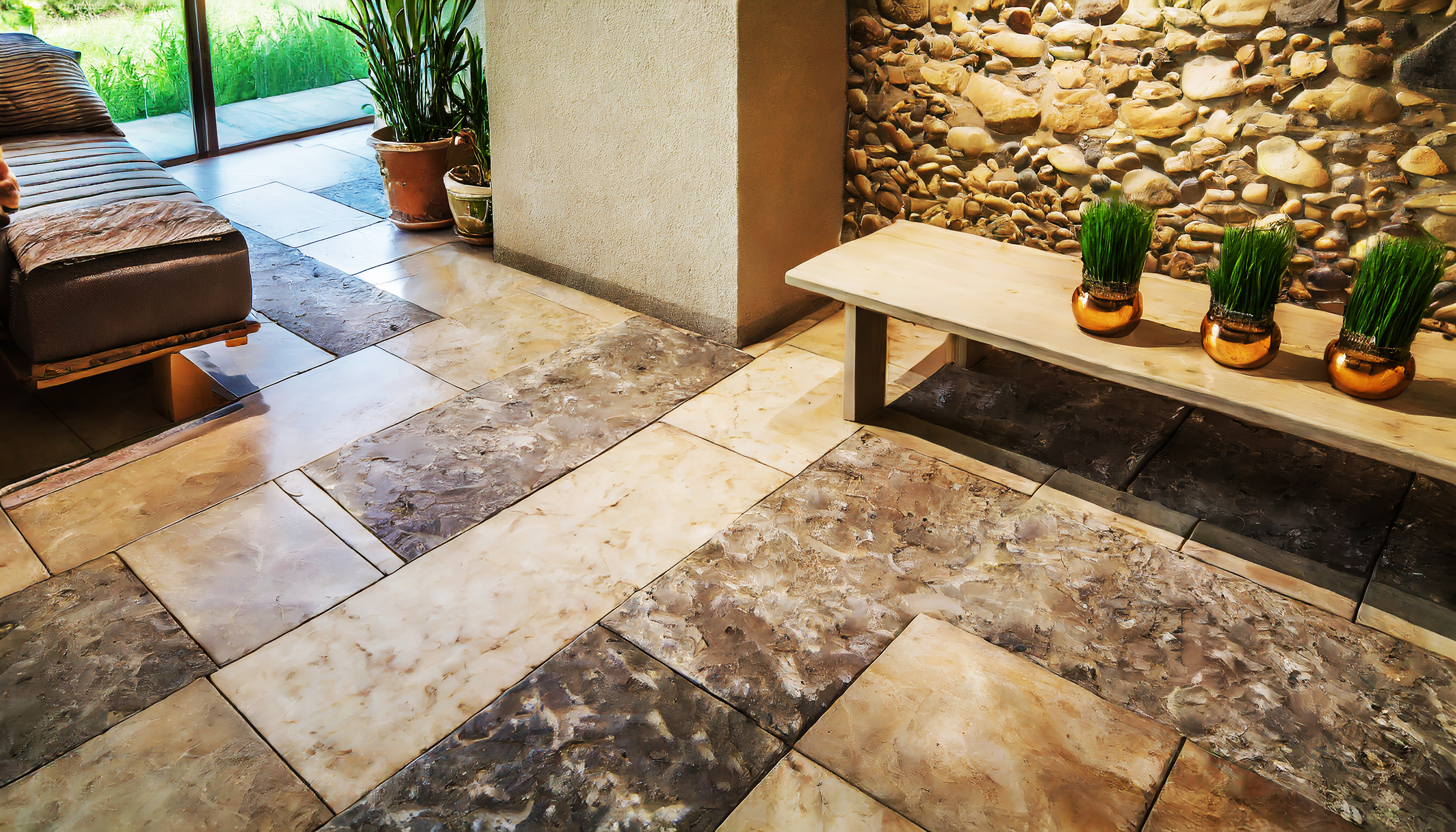 pisos e móveis de pedra natural em casa ecológica