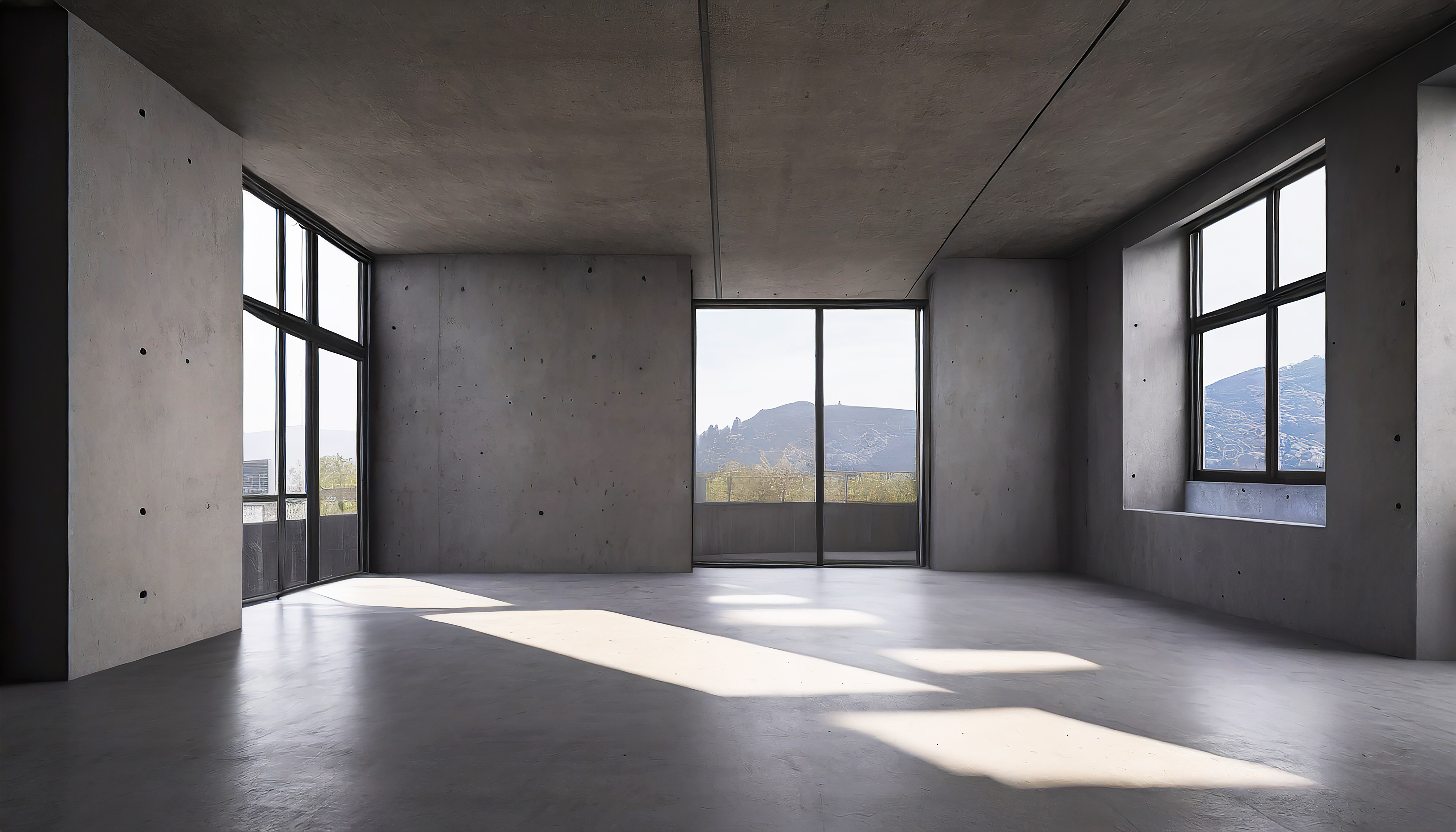 Quarto brutalista vazio sem móveis