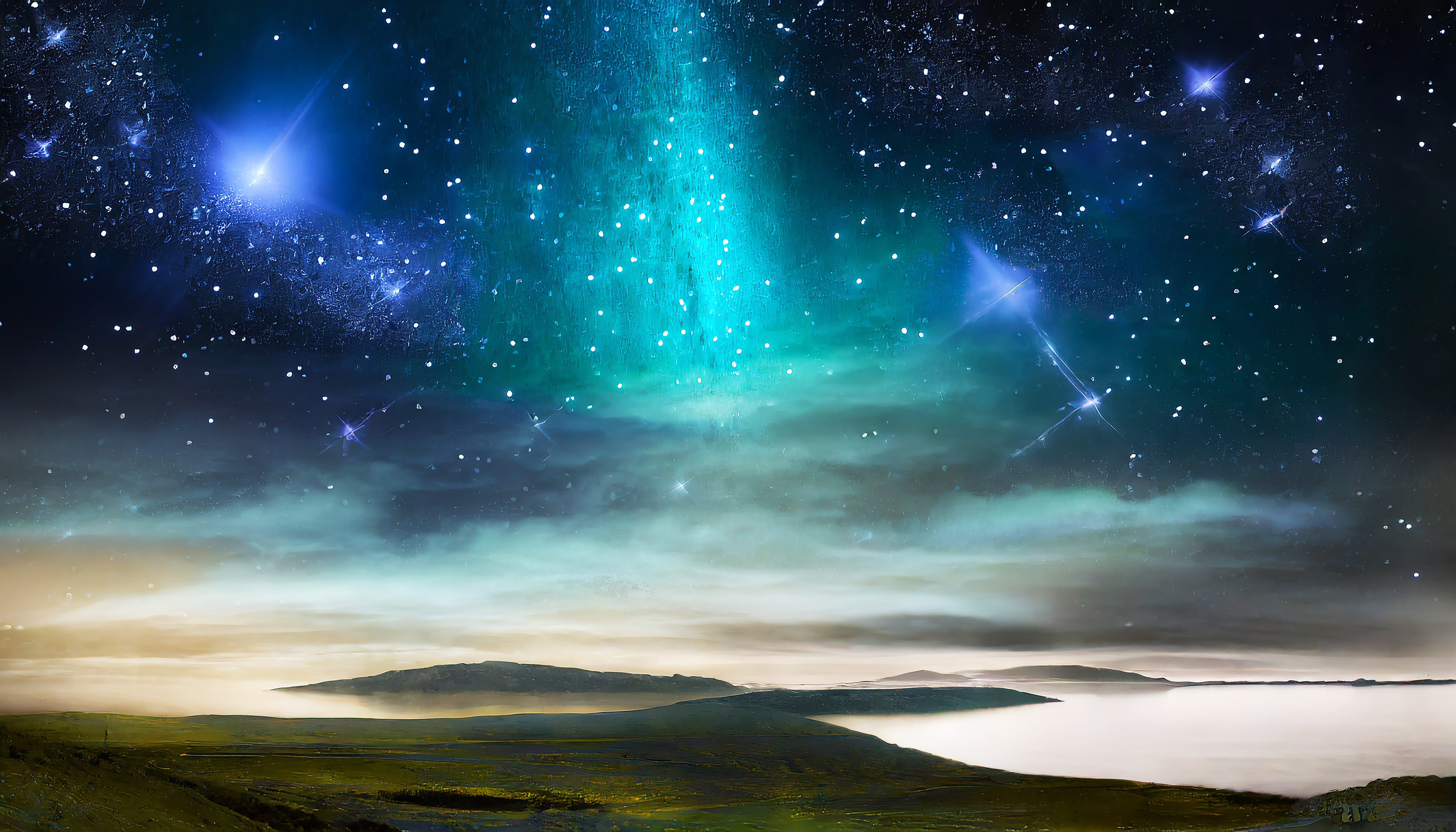 Paisagem abstrata e surreal com estrelas brilhando no céu noturnoPaisagem abstrata e surreal com estrelas brilhando no céu noturno