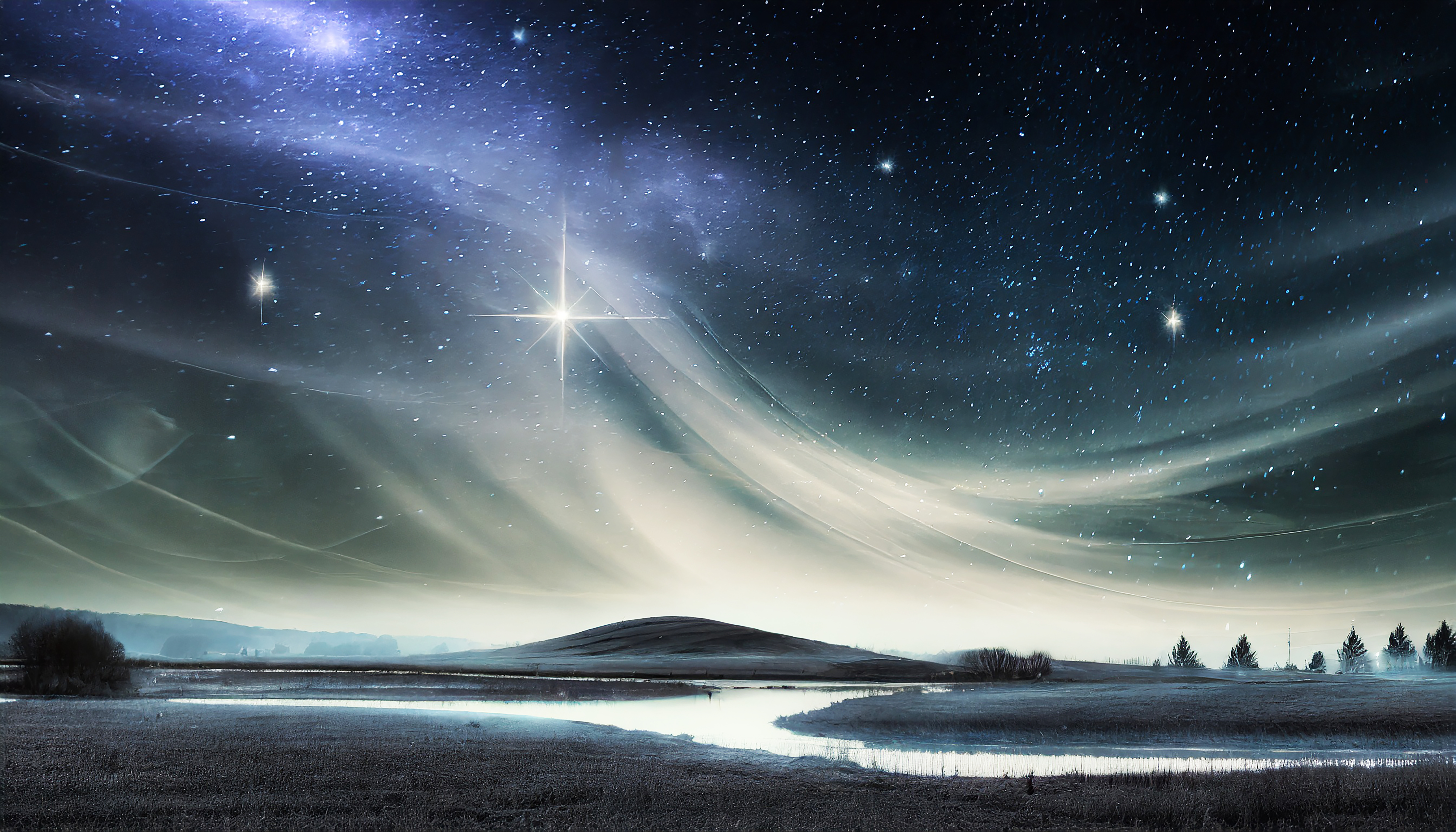 Paisagem abstrata e surreal com estrelas brilhando no céu noturno