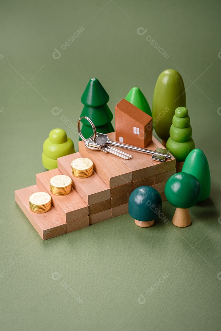 Uma casinha de madeira e chaves como ideia para investir na casa própria e atingir o objetivo de comprar um imóvel. Plano de fundo para sua ideia