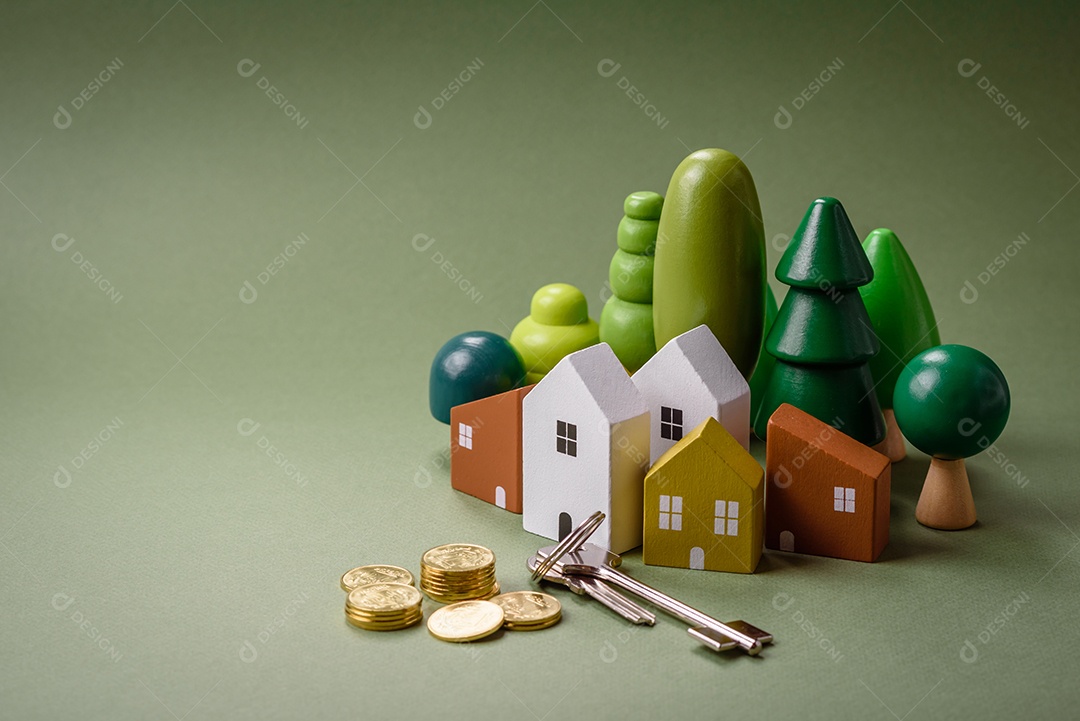 Uma casinha de madeira e chaves como ideia para investir na casa própria e atingir o objetivo de comprar um imóvel. Plano de fundo para sua ideia