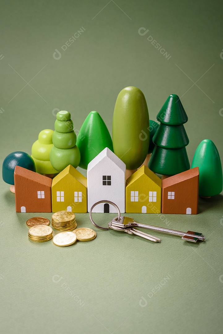 Uma casinha de madeira e chaves como ideia para investir na casa própria e atingir o objetivo de comprar um imóvel. Plano de fundo para sua ideia