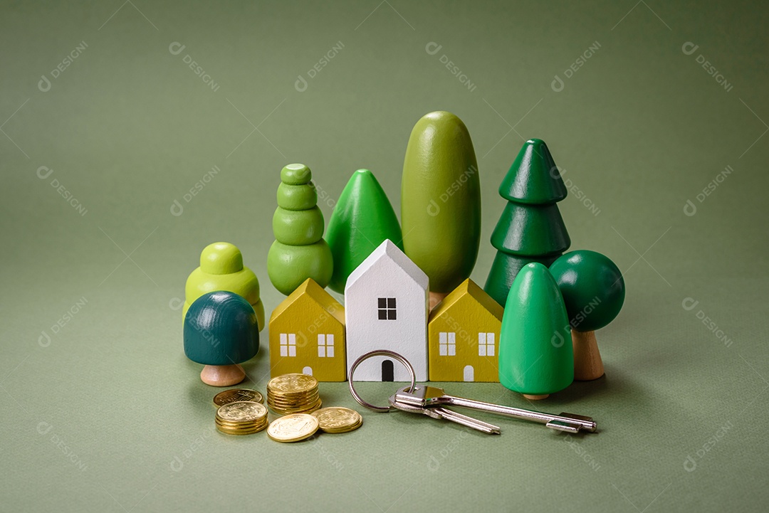 Uma casinha de madeira e chaves como ideia para investir na casa própria e atingir o objetivo de comprar um imóvel. Plano de fundo para sua ideia