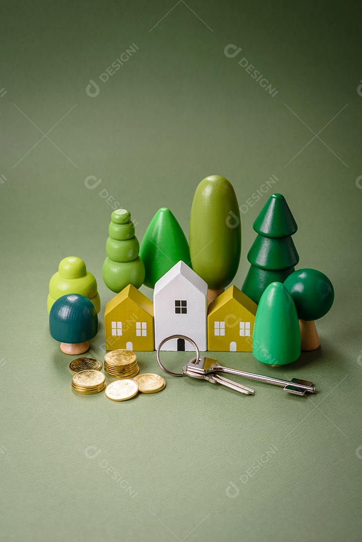 Uma casinha de madeira e chaves como ideia para investir na casa própria e atingir o objetivo de comprar um imóvel. Plano de fundo para sua ideia