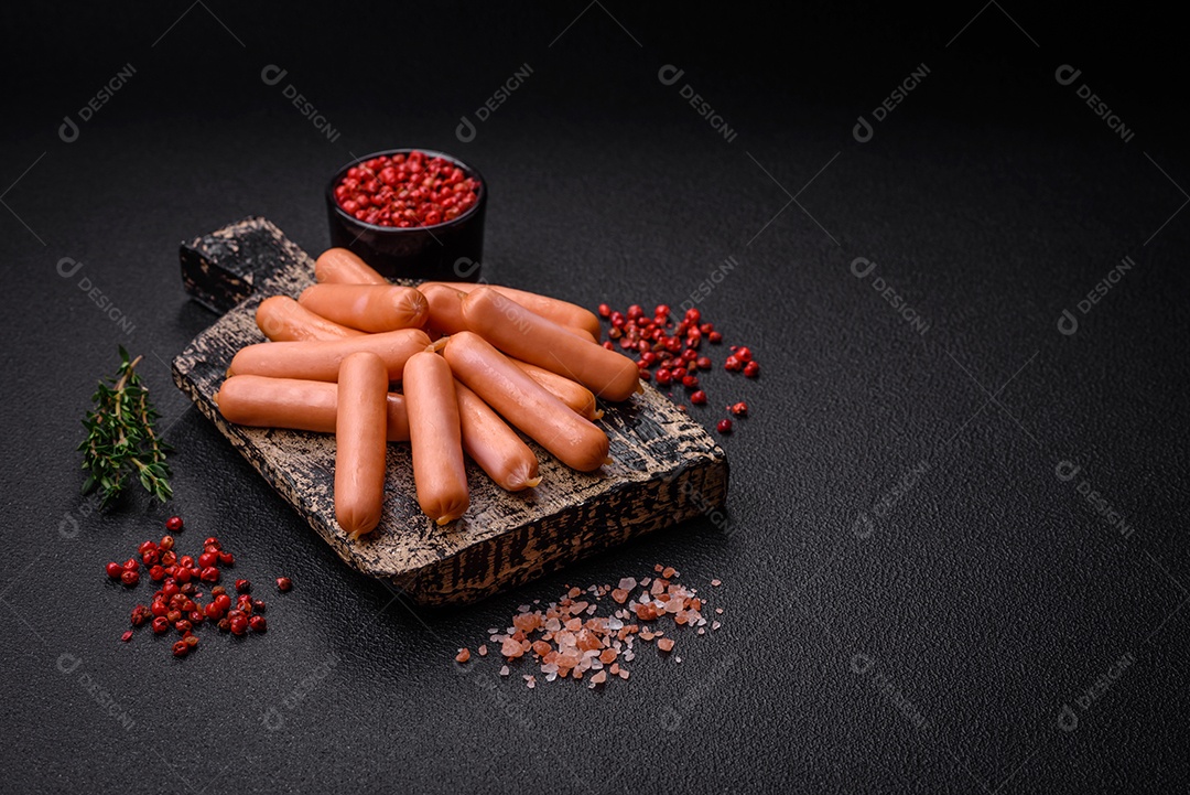 Deliciosas salsichas pequenas com sal, especiarias e ervas sobre um fundo escuro de concreto