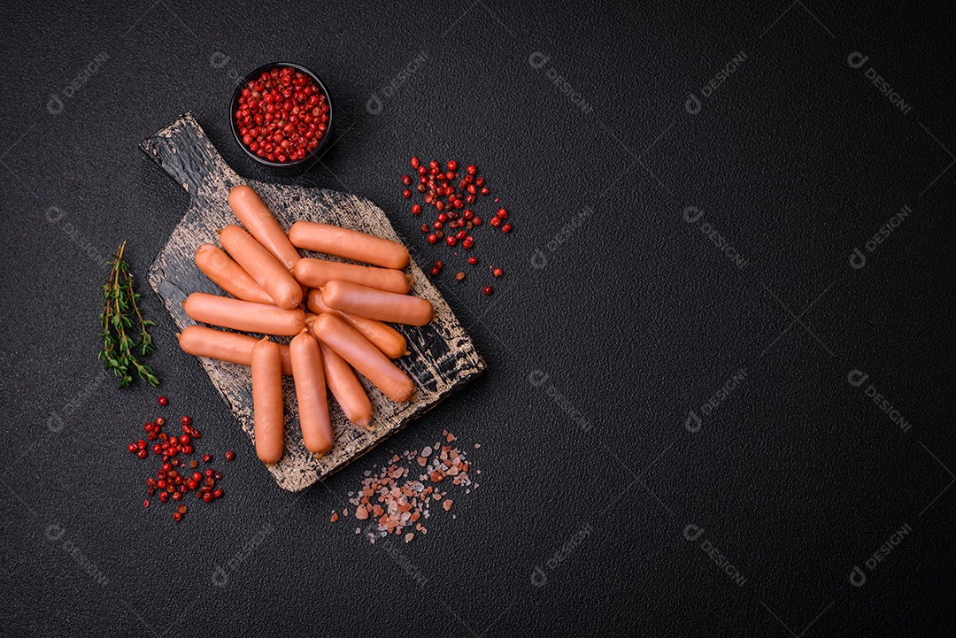 Deliciosas salsichas pequenas com sal, especiarias e ervas sobre um fundo escuro de concreto