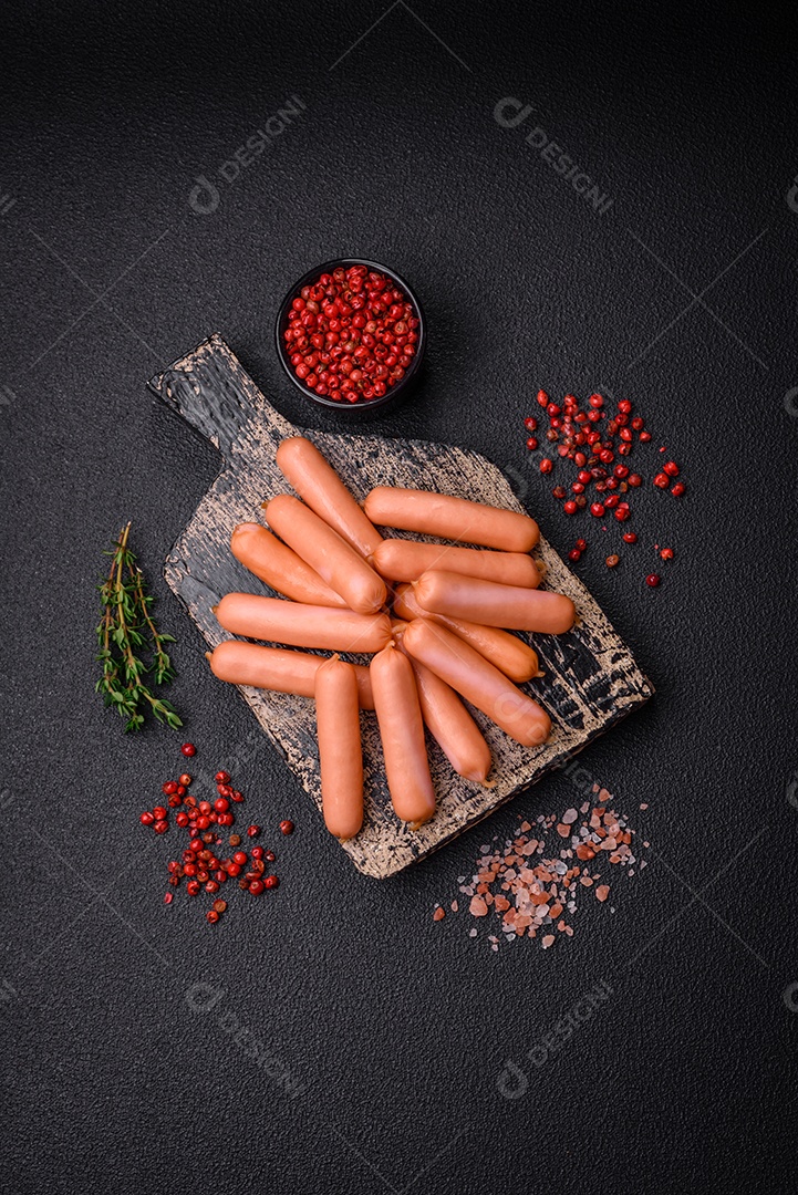 Deliciosas salsichas pequenas com sal, especiarias e ervas sobre um fundo escuro de concreto