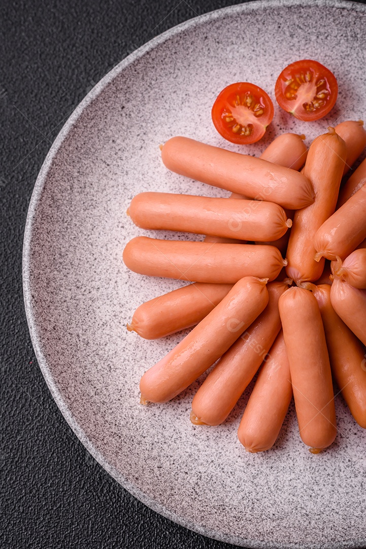 Deliciosas salsichas pequenas com sal, especiarias e ervas sobre um fundo escuro de concreto