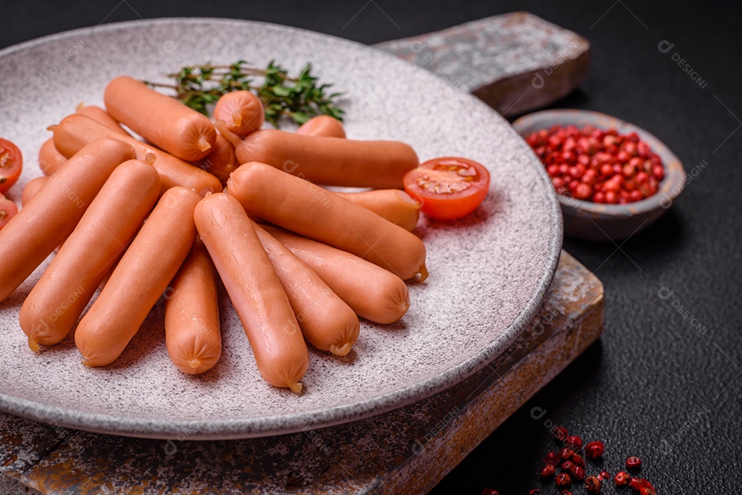 Deliciosas salsichas pequenas com sal, especiarias e ervas sobre um fundo escuro de concreto