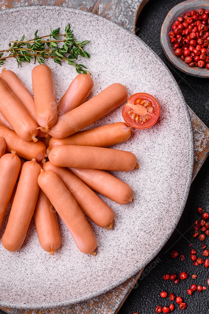 Deliciosas salsichas pequenas com sal, especiarias e ervas sobre um fundo escuro de concreto
