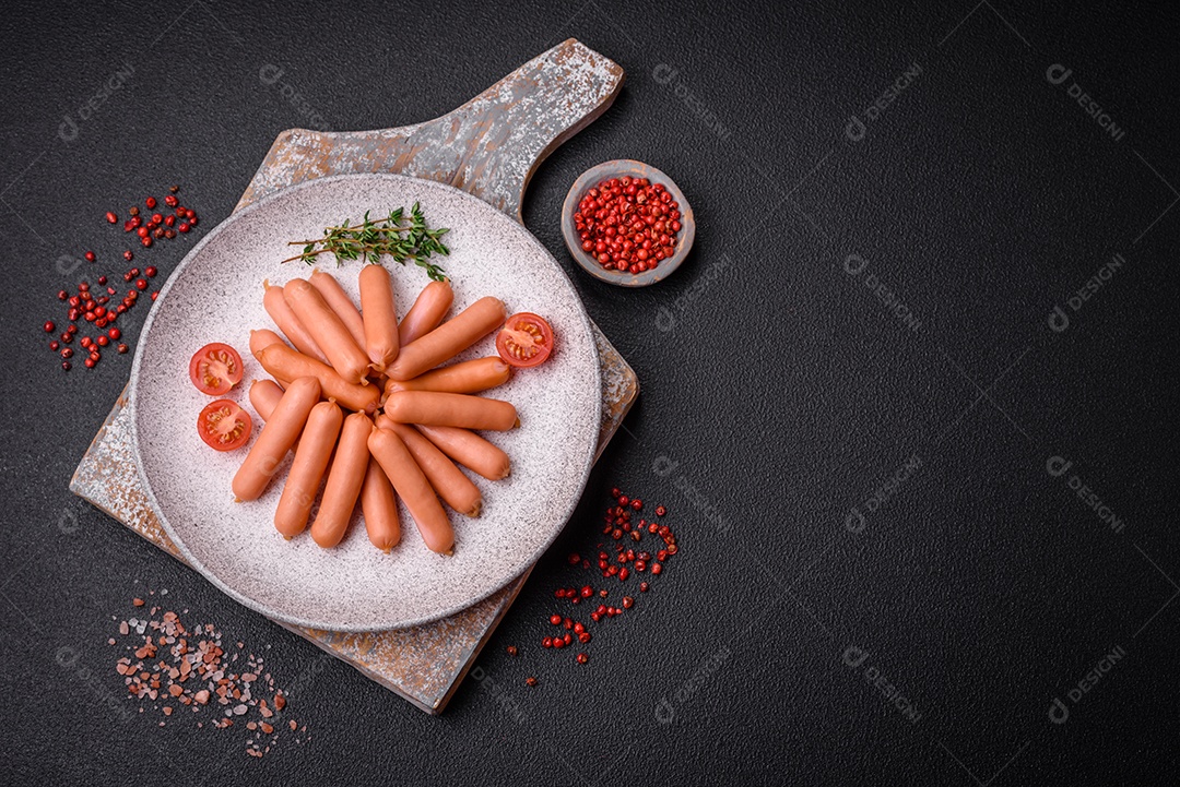 Deliciosas salsichas pequenas com sal, especiarias e ervas sobre um fundo escuro de concreto