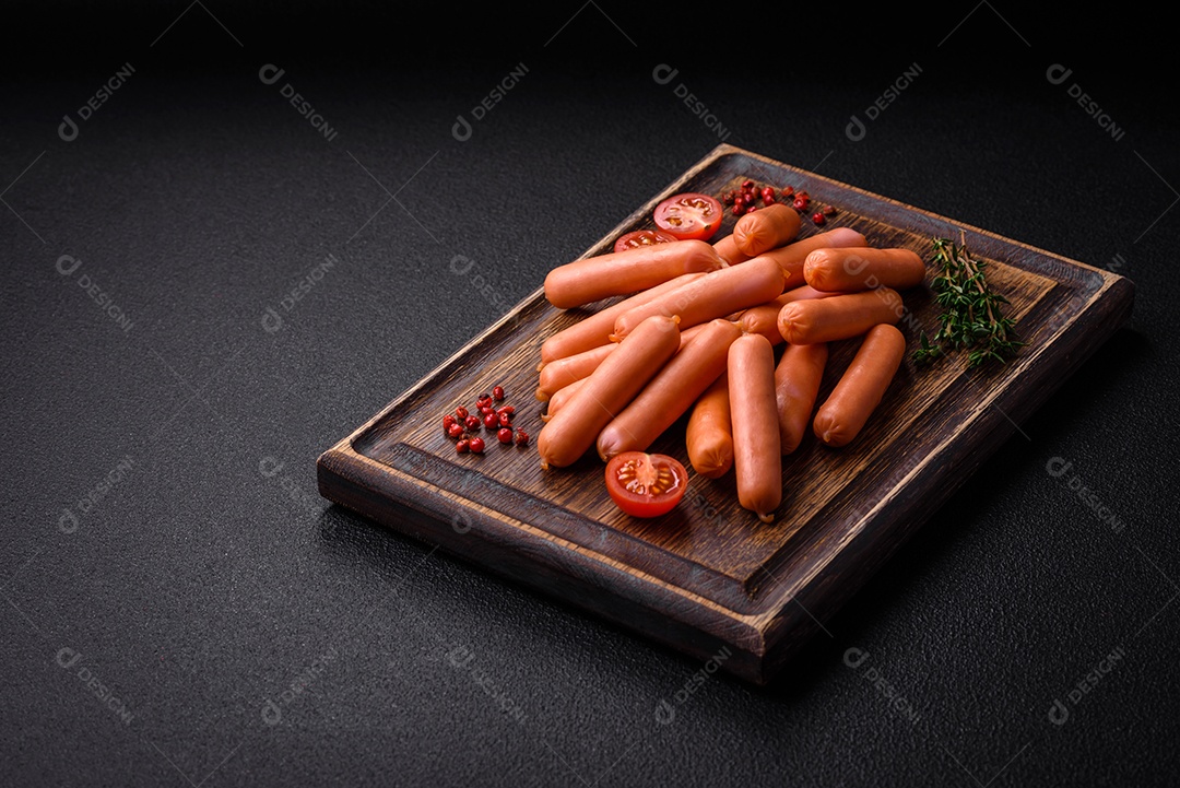 Deliciosas salsichas pequenas com sal, especiarias e ervas sobre um fundo escuro de concreto