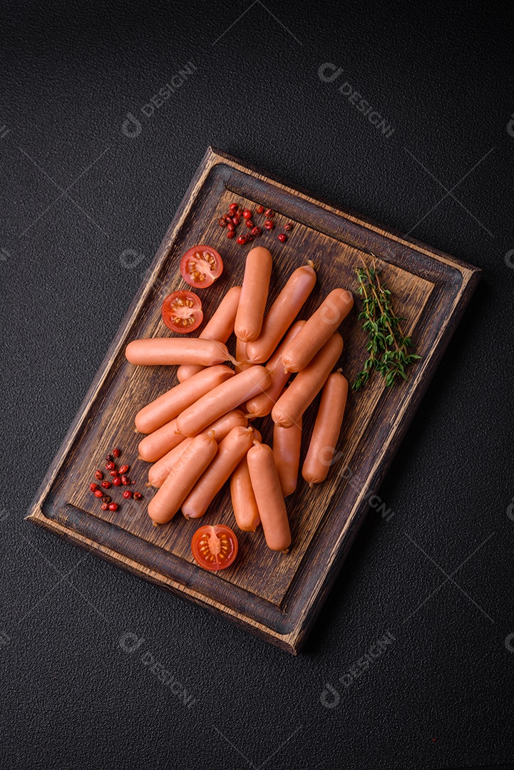 Deliciosas salsichas pequenas com sal, especiarias e ervas sobre um fundo escuro de concreto