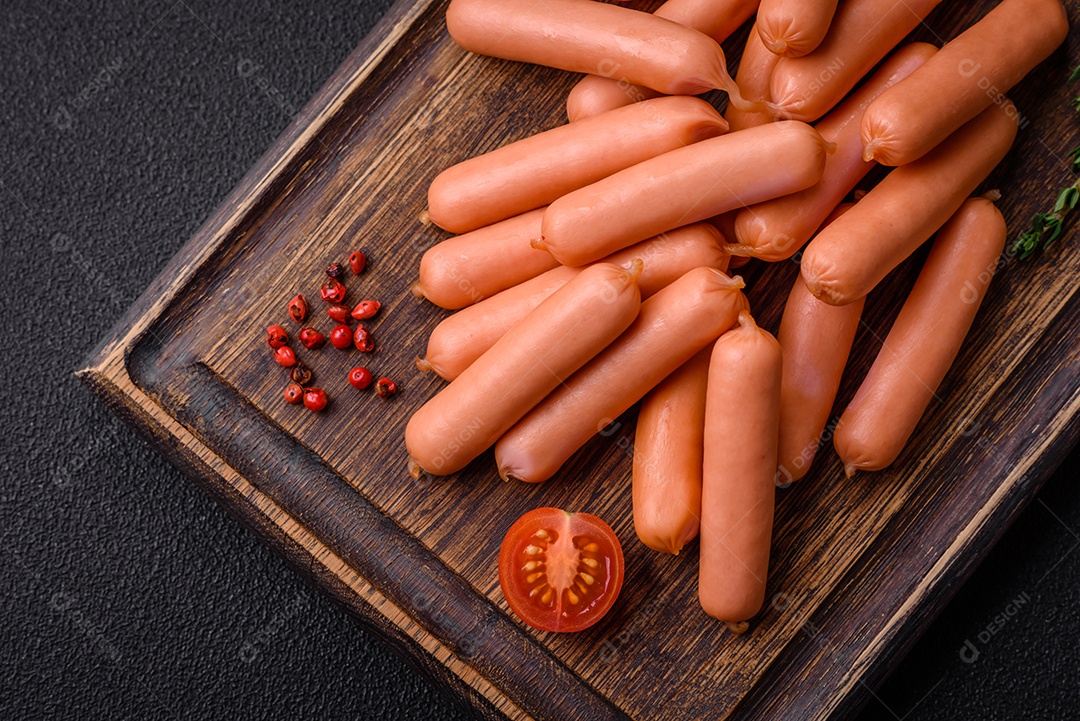 Deliciosas salsichas pequenas com sal, especiarias e ervas sobre um fundo escuro de concreto