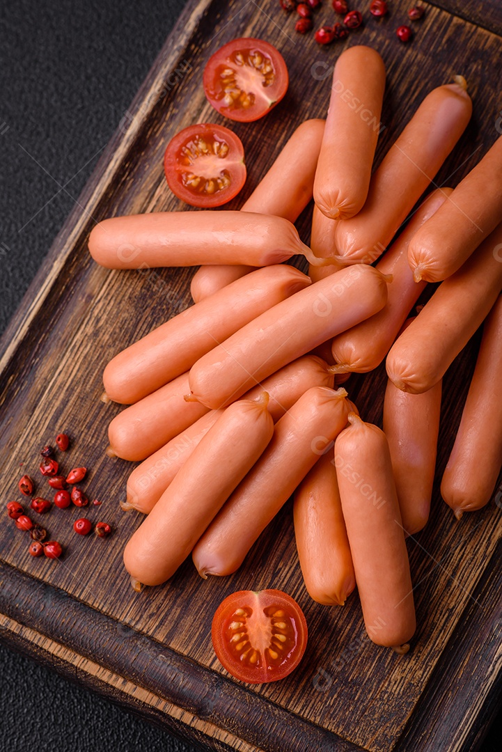 Deliciosas salsichas pequenas com sal, especiarias e ervas sobre um fundo escuro de concreto