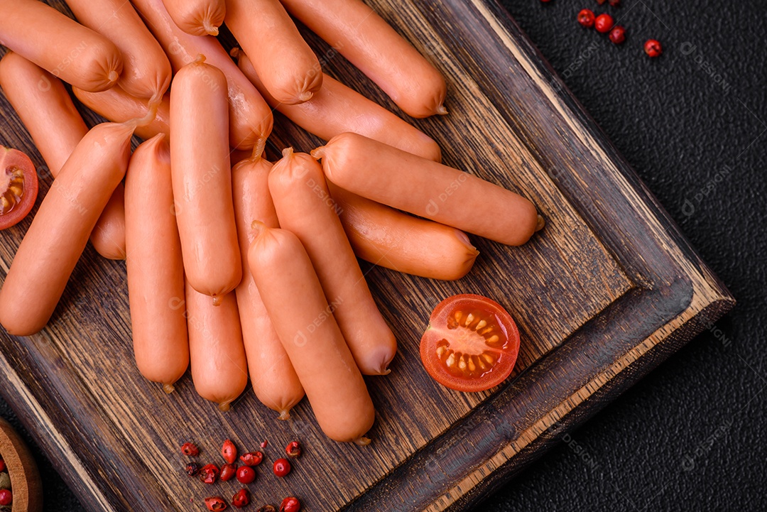 Deliciosas salsichas pequenas com sal, especiarias e ervas sobre um fundo escuro de concreto