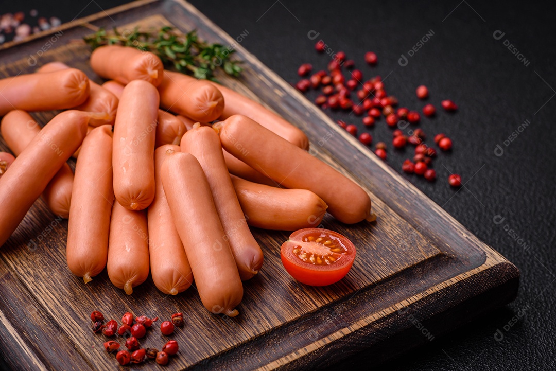 Deliciosas salsichas pequenas com sal, especiarias e ervas sobre um fundo escuro de concreto