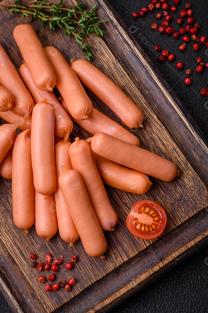 Deliciosas salsichas pequenas com sal, especiarias e ervas sobre um fundo escuro de concreto