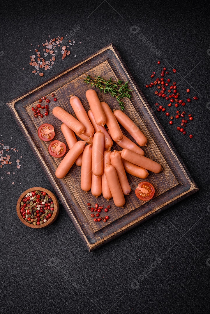 Deliciosas salsichas pequenas com sal, especiarias e ervas sobre um fundo escuro de concreto