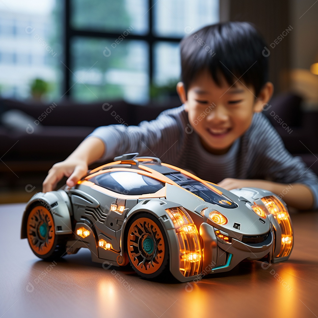 Garoto fofo com seu carro de brinquedo