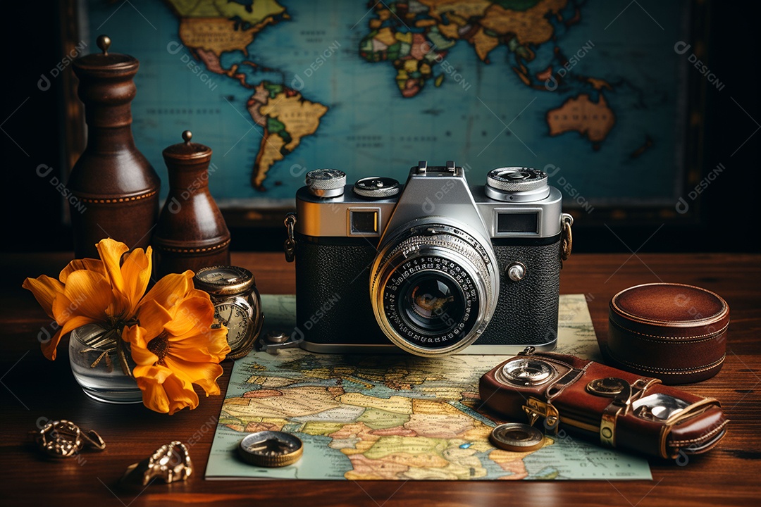 Camera fotográfica com mapas e decoração retrô