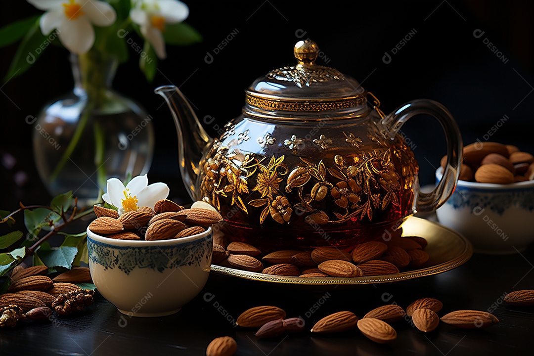 Decoração retrô de café da manhã com bule de chá e nozes