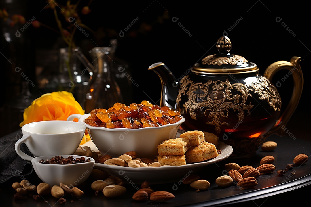 Decoração retrô de café da manhã com bule de chá e nozes