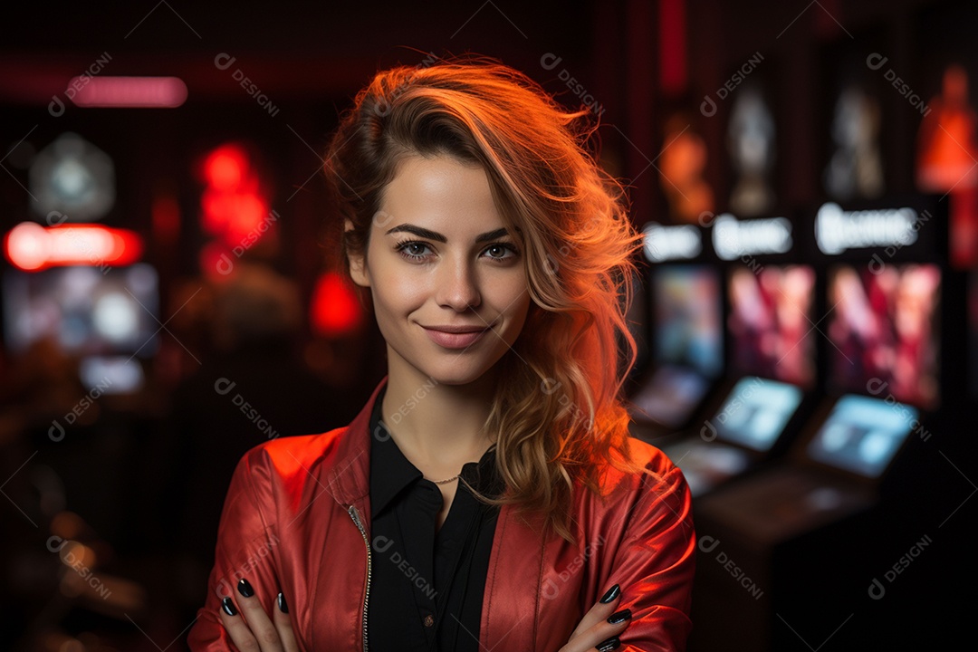 Mulher linda loira de sucesso na área de jogos