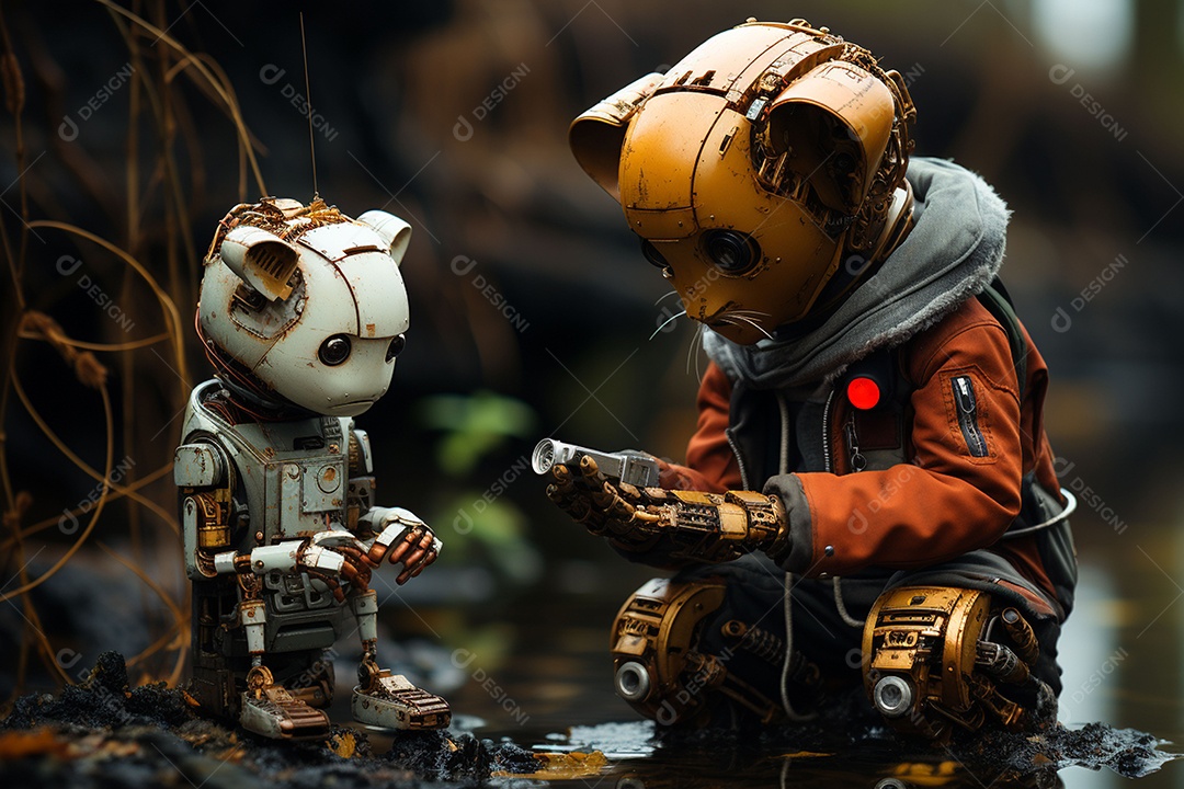 Robôs com peças de metal nas mãos