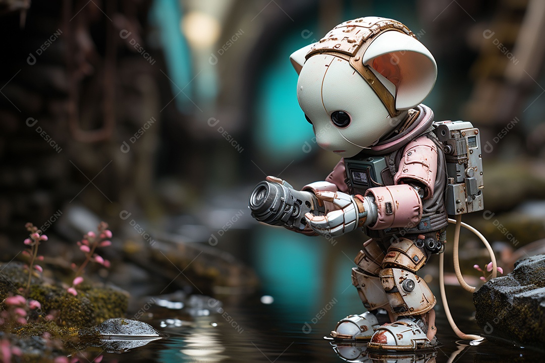 Robô com lente de câmera nas mãos