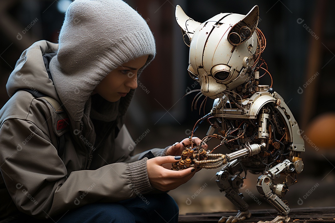 Robô com estrutura de animal com parte do seu corpo na mão com ajuda