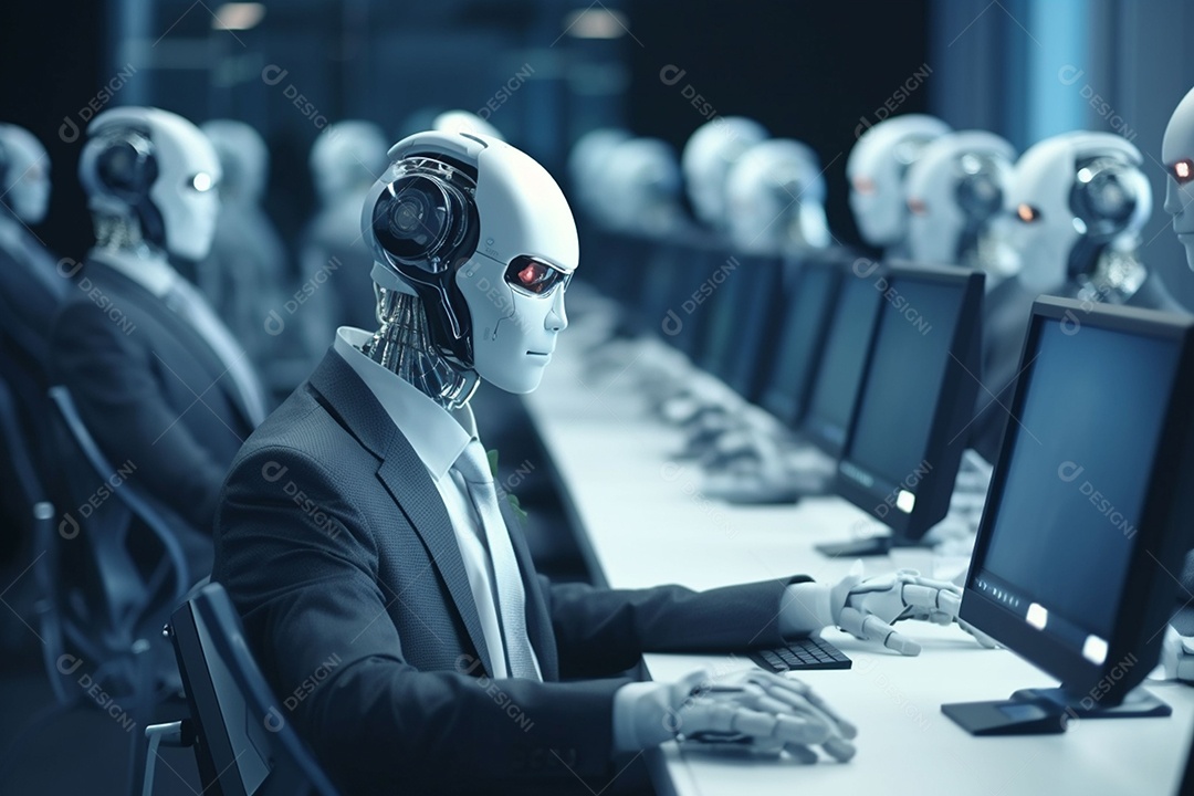 Robô trabalhando no computador entre robores