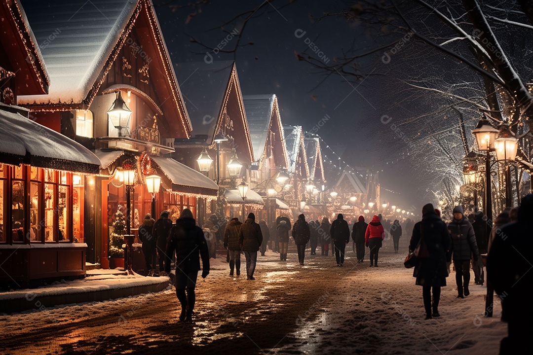Rua com muitas pessoas no inverno